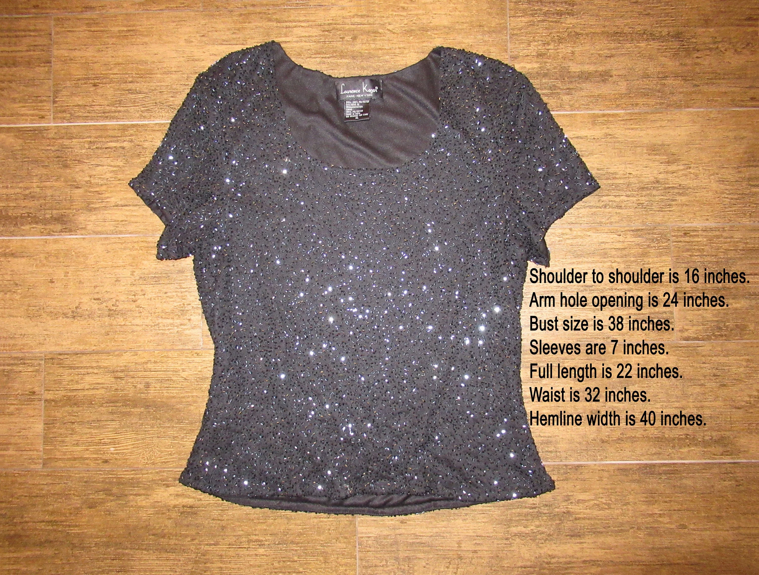 Pullover Blouse Lawrence Kazar Paris Ny Black Beaded Cap Sleeve Event-Ready Made In India Polyester Lined Vintage by Lawrence Kazar - Image 7
