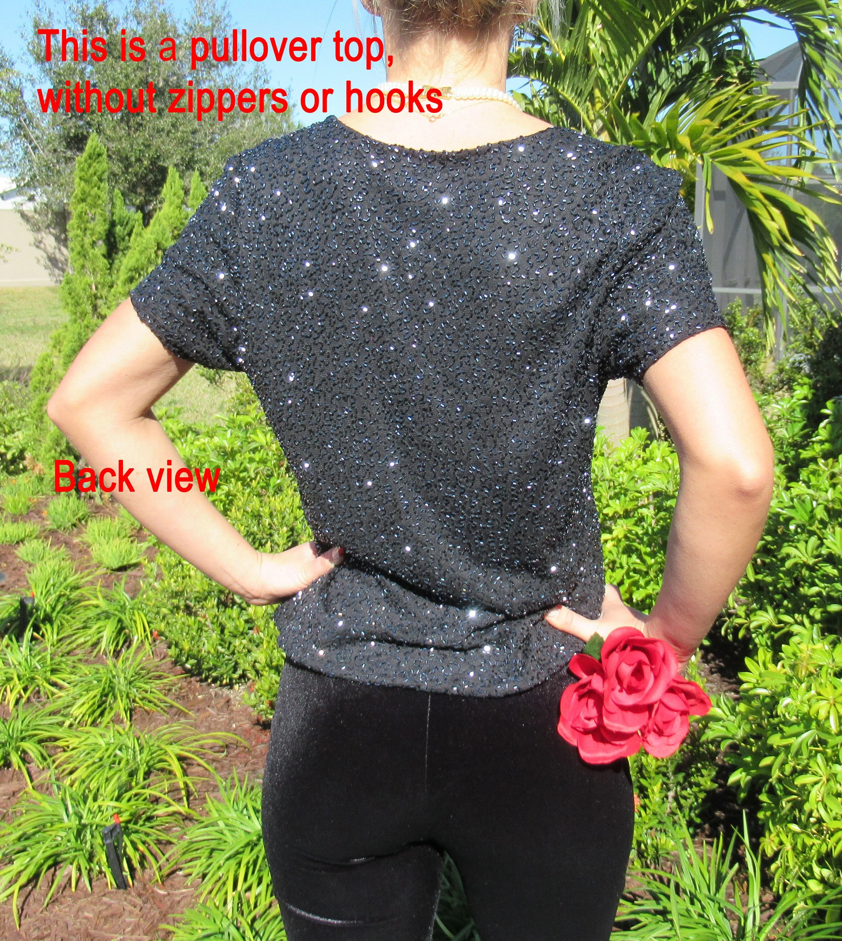 Pullover Blouse Lawrence Kazar Paris Ny Black Beaded Cap Sleeve Event-Ready Made In India Polyester Lined Vintage by Lawrence Kazar - Image 9