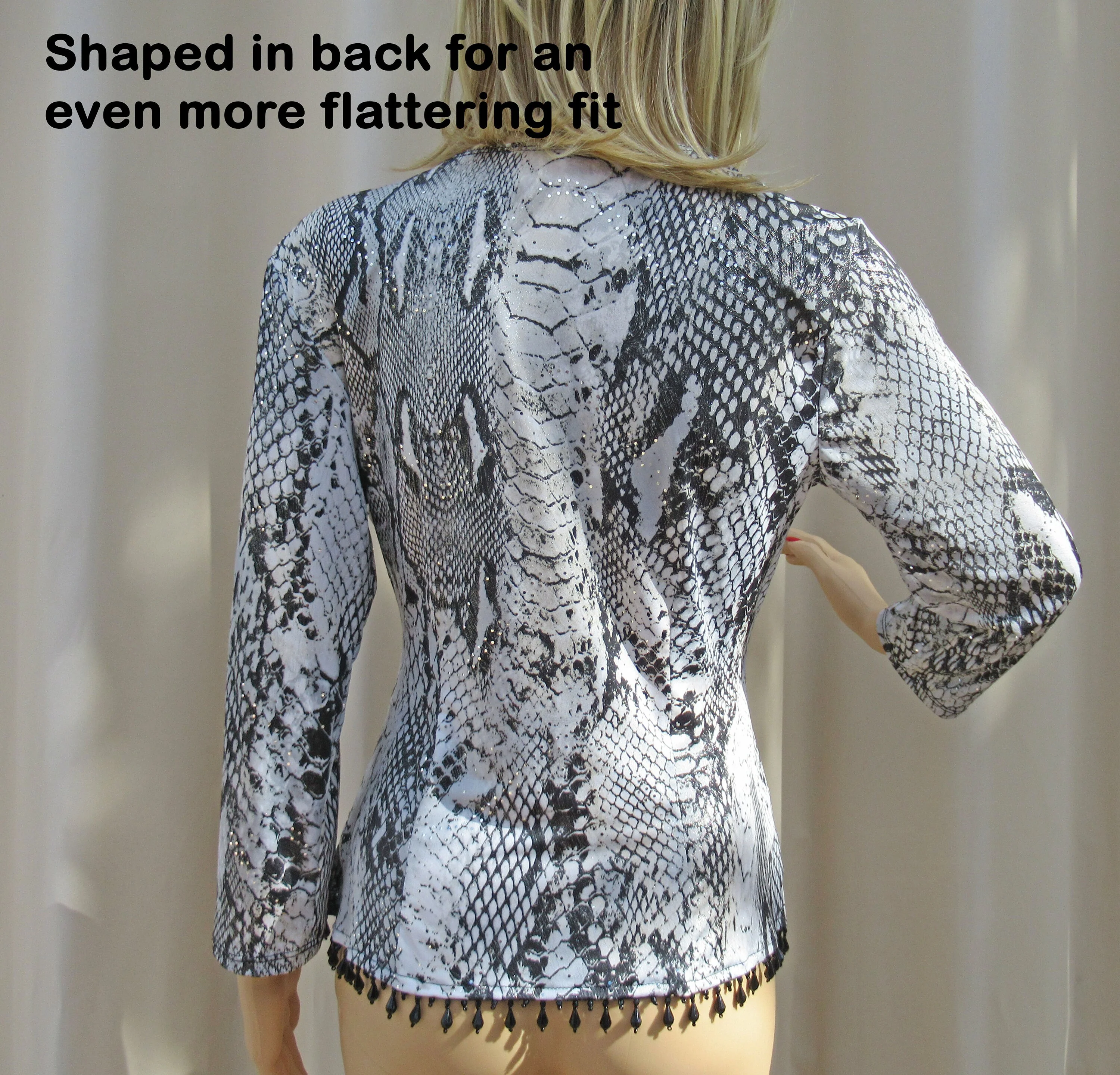Pullover Blouse Small Black and Silver Animal Print Faux Wrap Front Black Bead Hem Polyester Spandex - Image 10