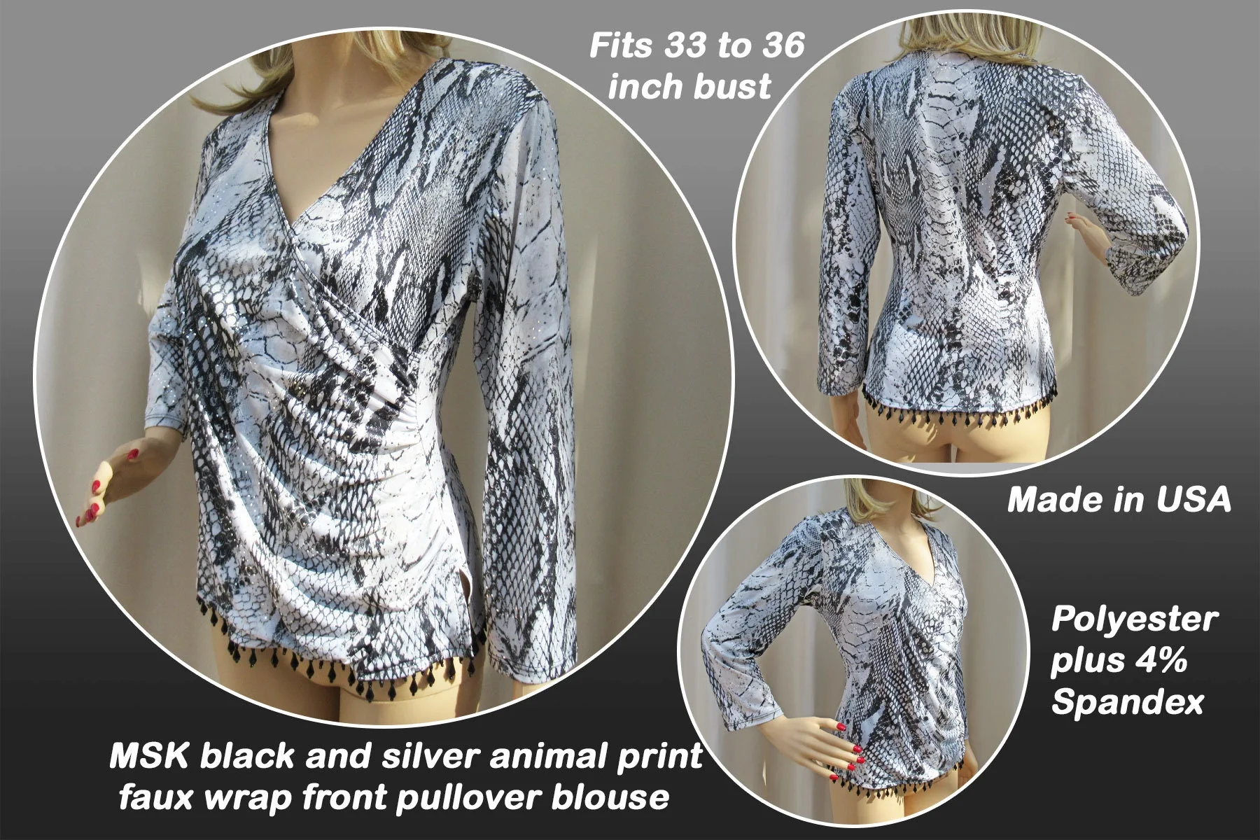 Pullover Blouse Small Black and Silver Animal Print Faux Wrap Front Black Bead Hem Polyester Spandex - Image 2