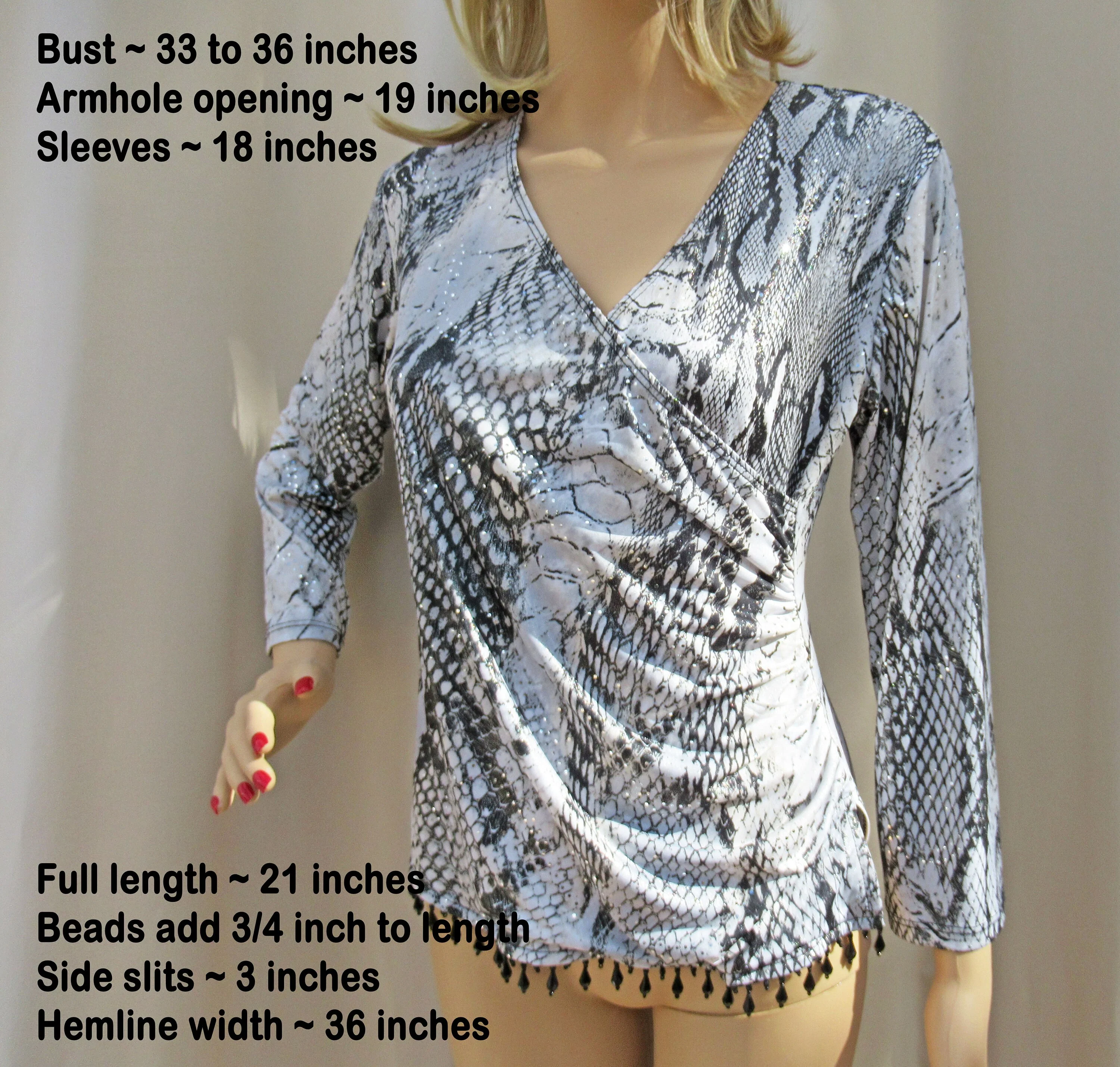 Pullover Blouse Small Black and Silver Animal Print Faux Wrap Front Black Bead Hem Polyester Spandex - Image 3