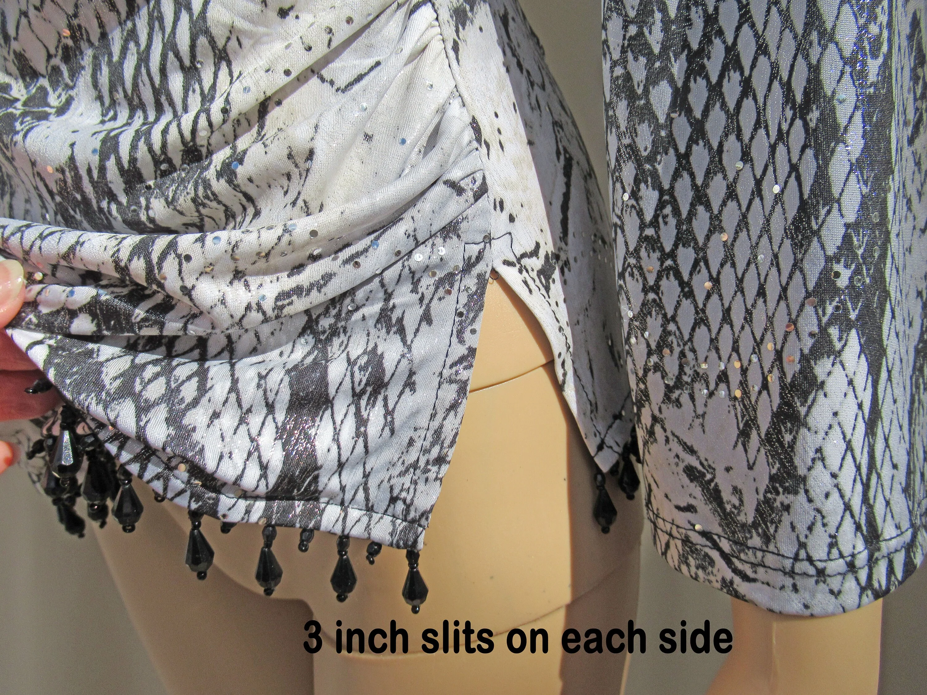Pullover Blouse Small Black and Silver Animal Print Faux Wrap Front Black Bead Hem Polyester Spandex - Image 4