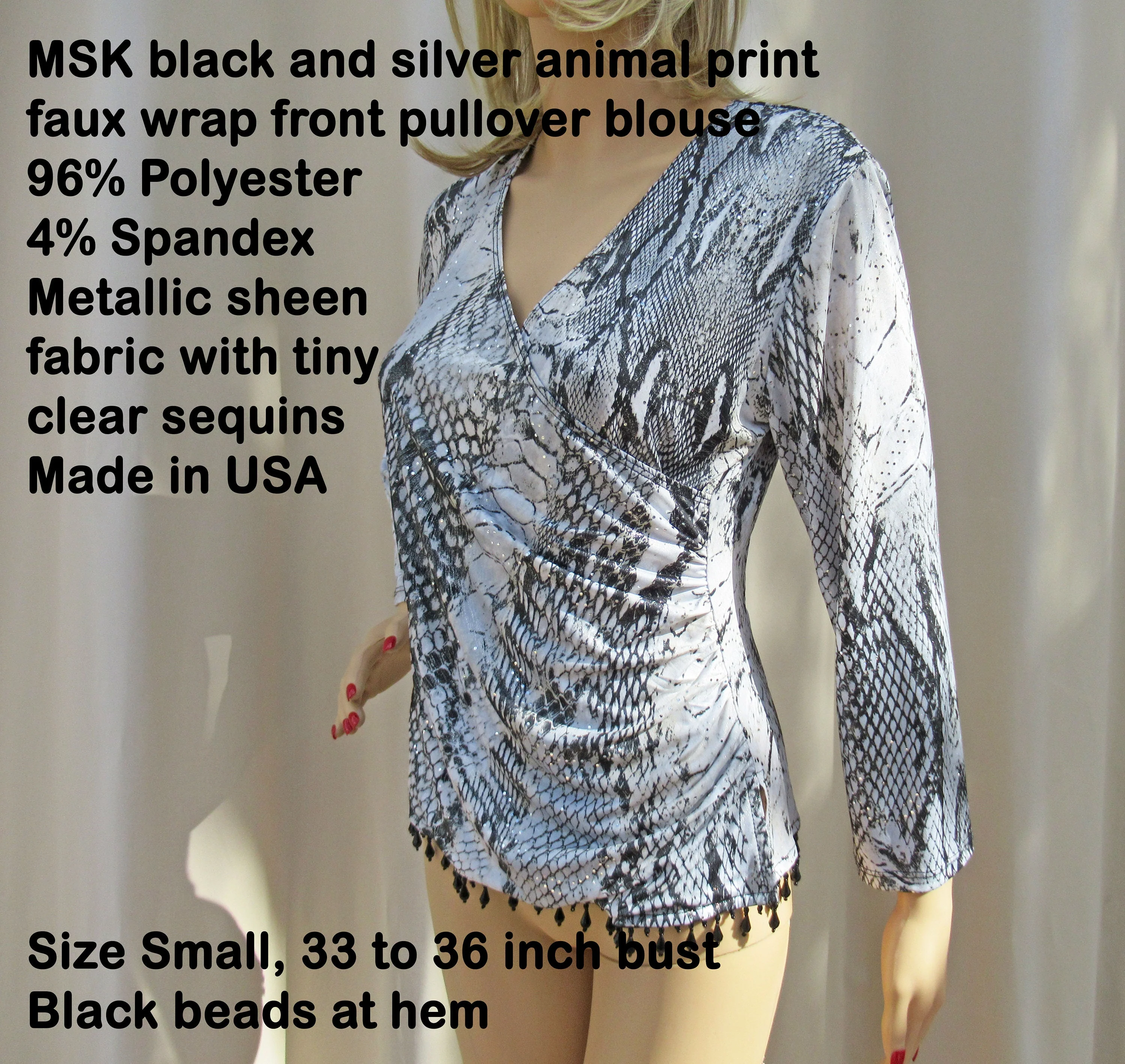 Pullover Blouse Small Black and Silver Animal Print Faux Wrap Front Black Bead Hem Polyester Spandex - Image 5