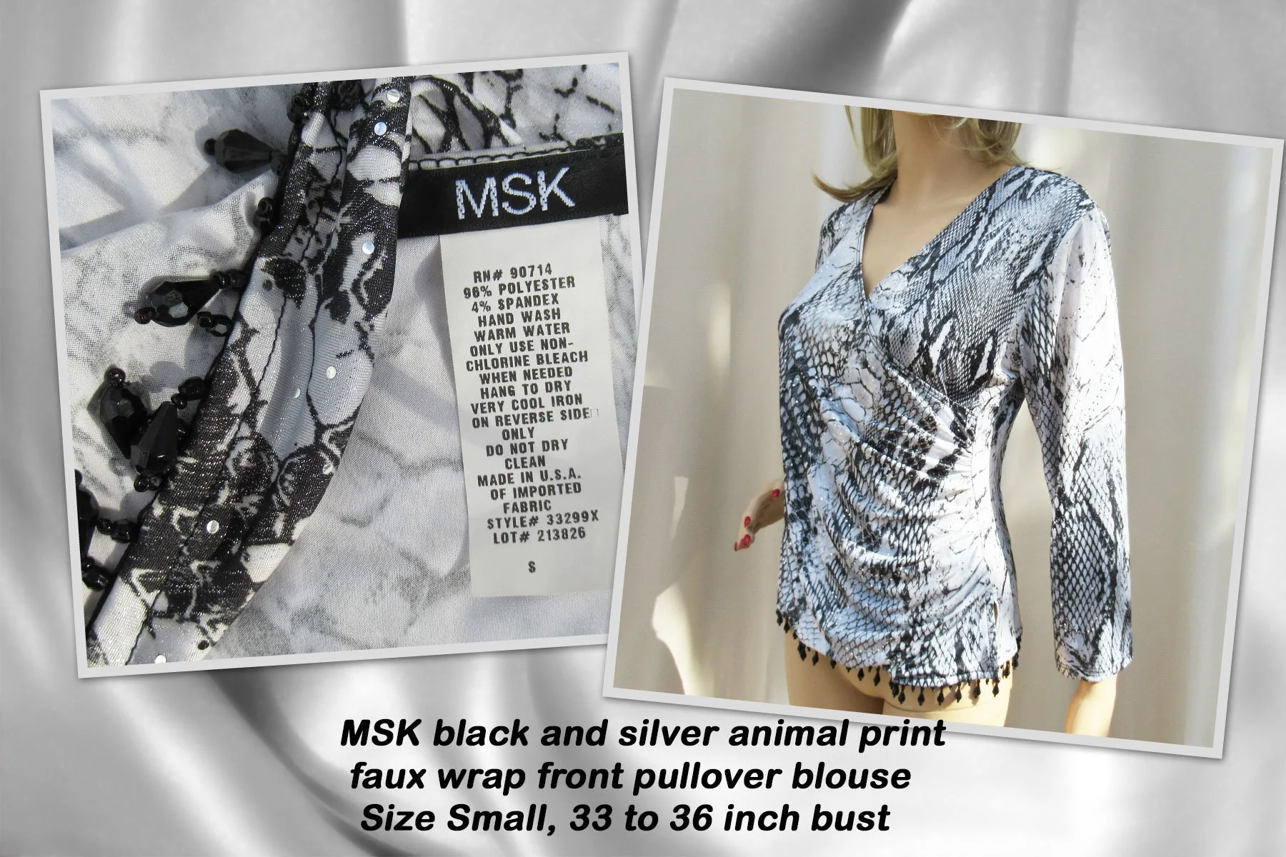Pullover Blouse Small Black and Silver Animal Print Faux Wrap Front Black Bead Hem Polyester Spandex - Image 6