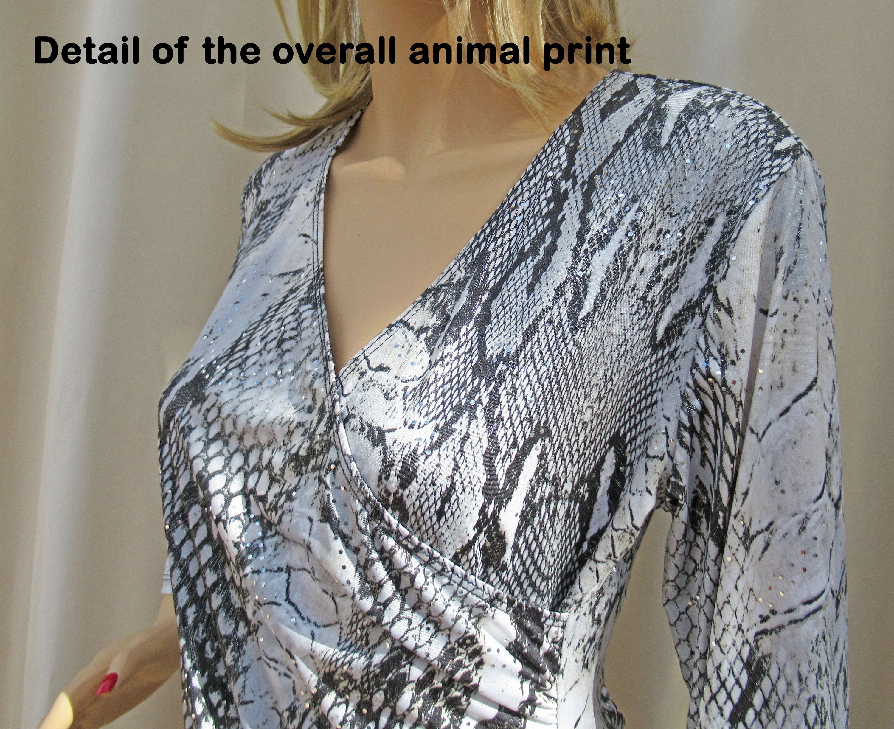 Pullover Blouse Small Black and Silver Animal Print Faux Wrap Front Black Bead Hem Polyester Spandex - Image 7