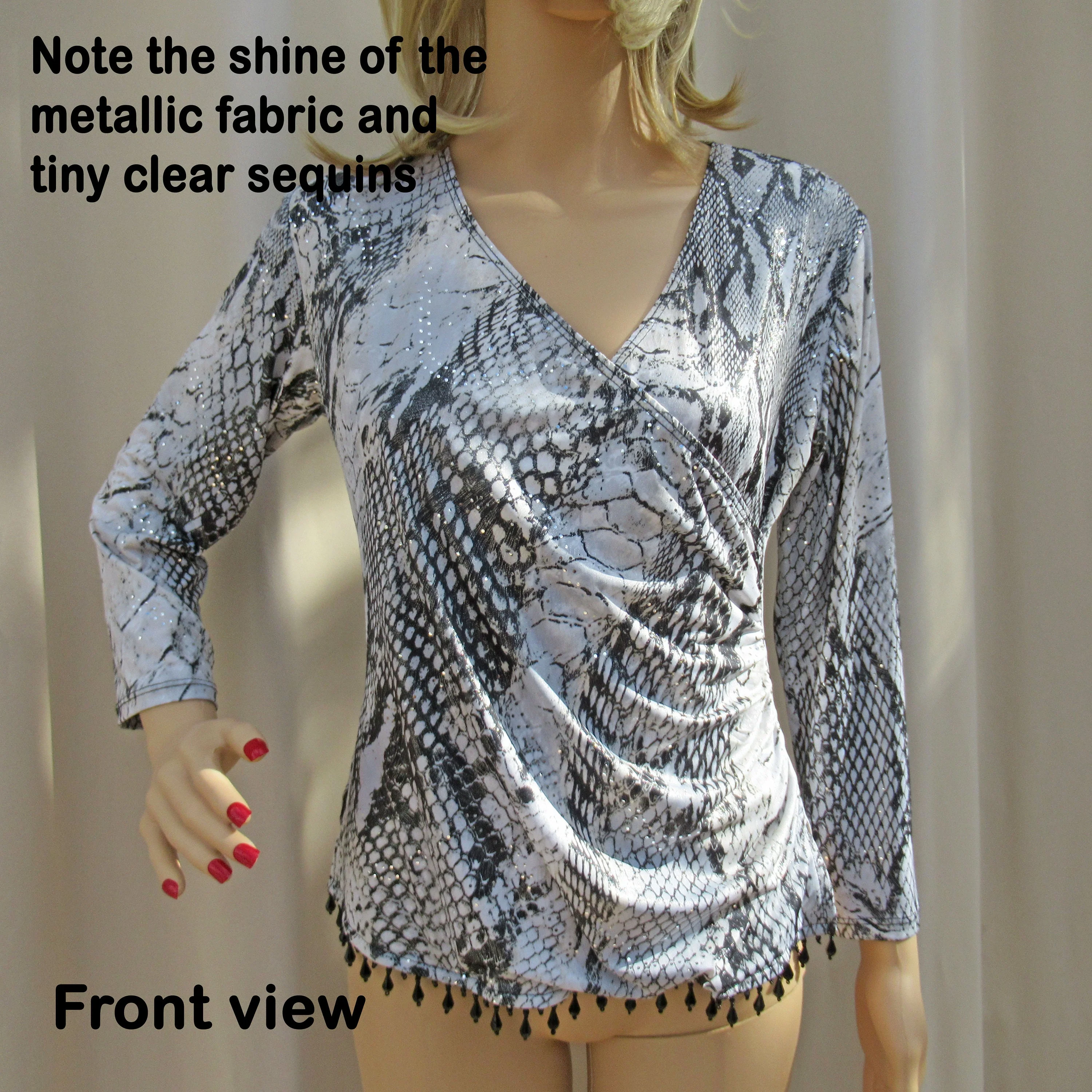 Pullover Blouse Small Black and Silver Animal Print Faux Wrap Front Black Bead Hem Polyester Spandex - Image 8