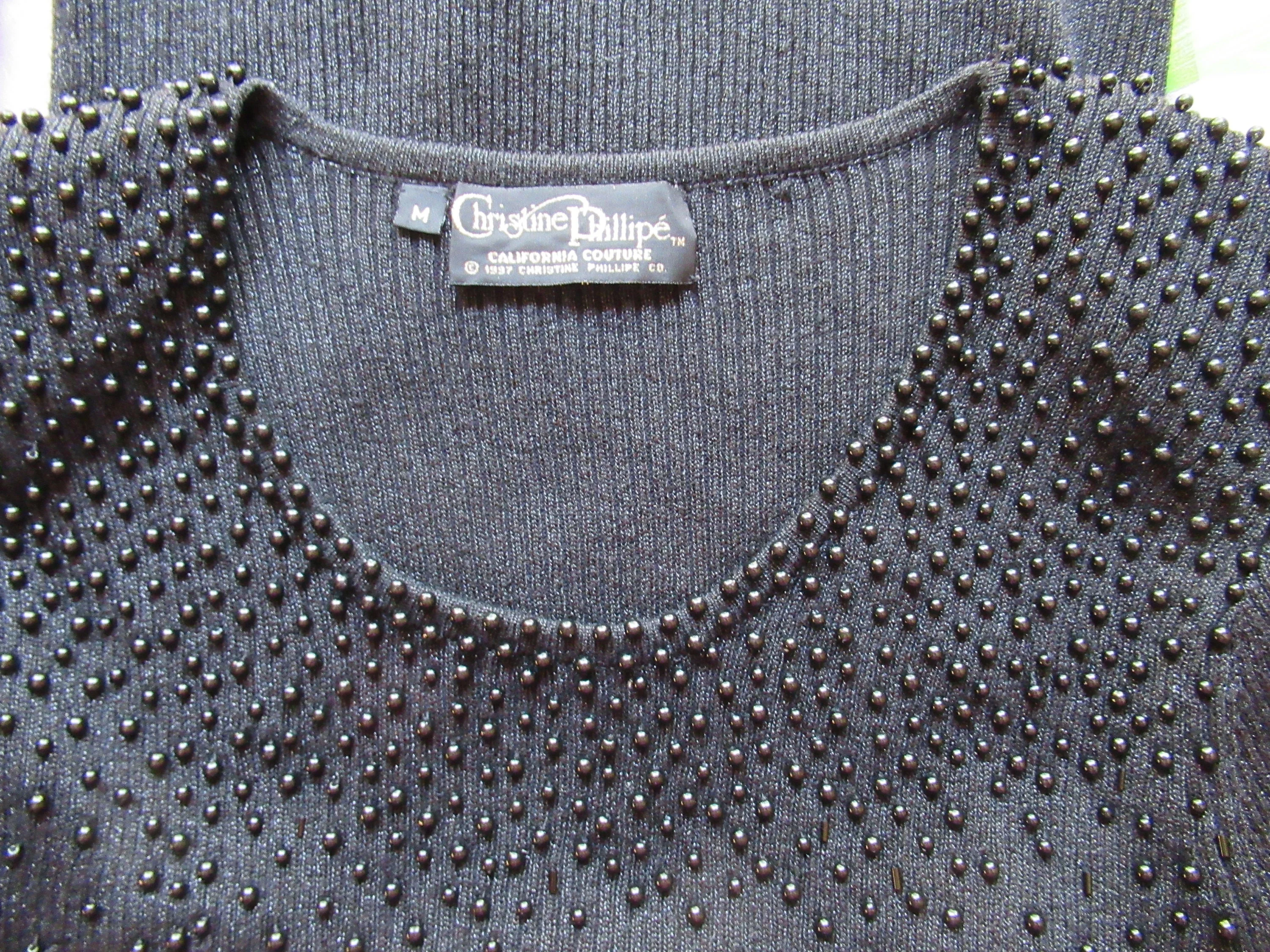 Pullover Seater Christine Phillipe California Couture 1997 Front Beads and Metallic Thread Long Sleeve Scoop Neck by Christine Phillipe California - Image 2