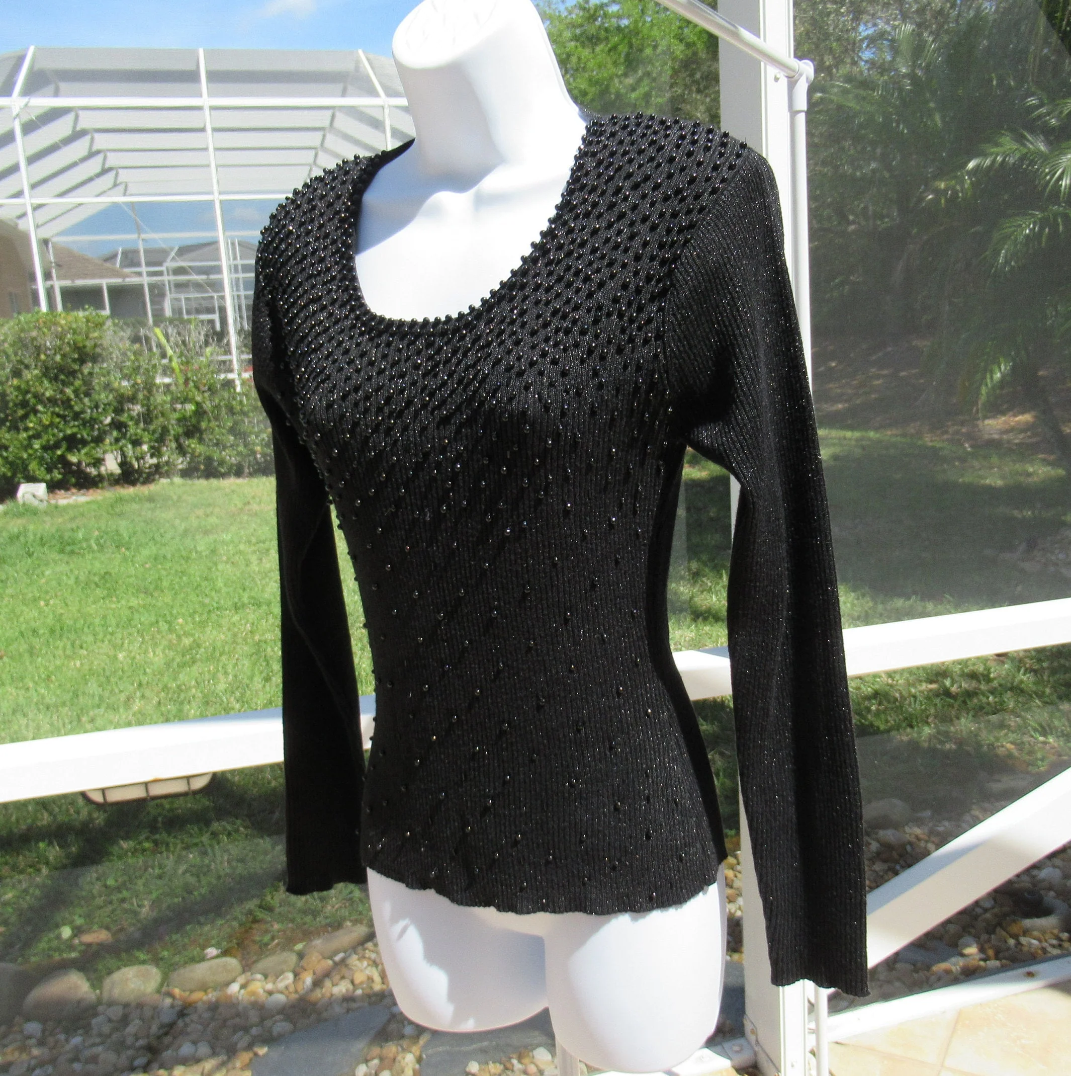 Pullover Seater Christine Phillipe California Couture 1997 Front Beads and Metallic Thread Long Sleeve Scoop Neck by Christine Phillipe California - Image 3