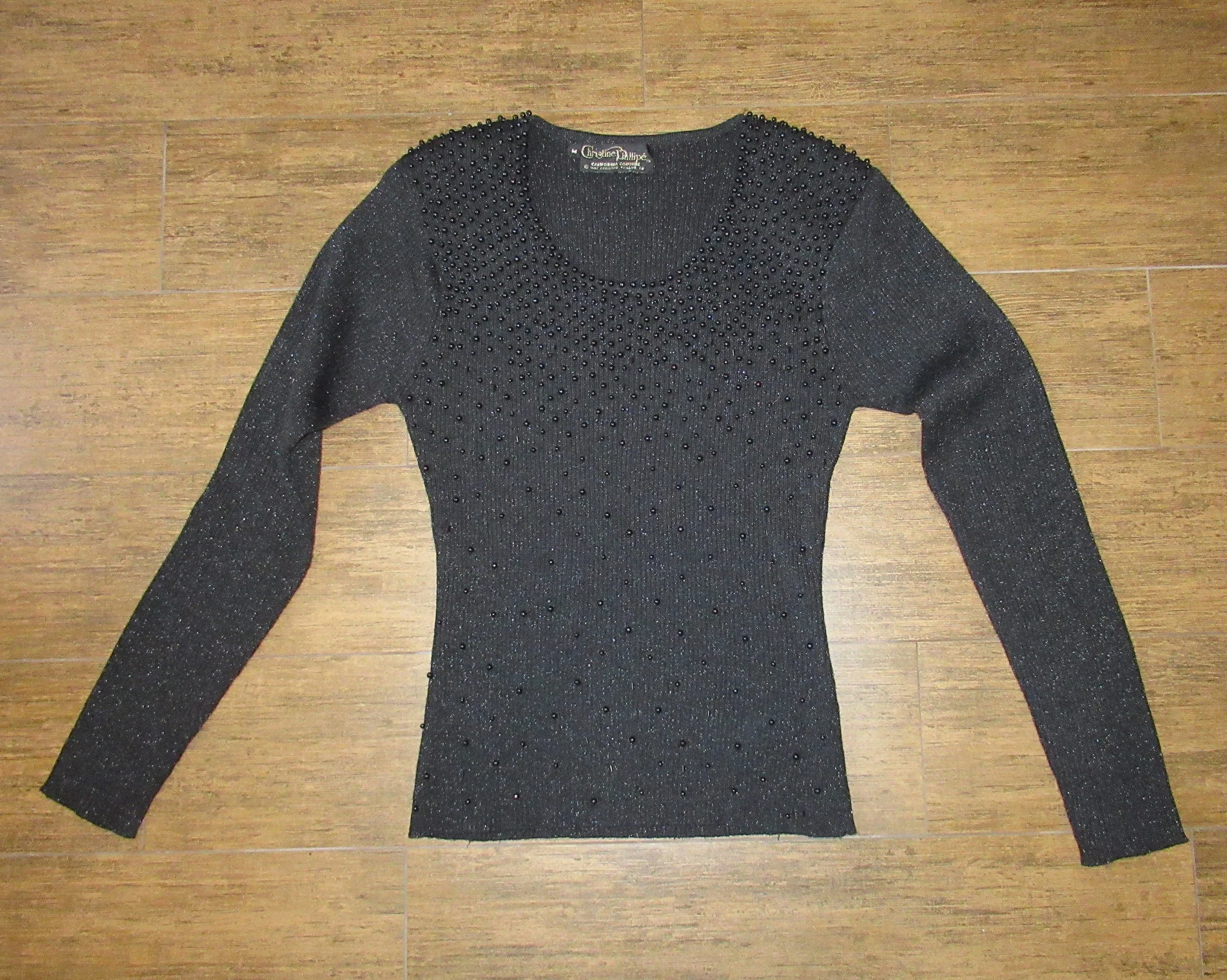 Pullover Seater Christine Phillipe California Couture 1997 Front Beads and Metallic Thread Long Sleeve Scoop Neck by Christine Phillipe California - Image 4