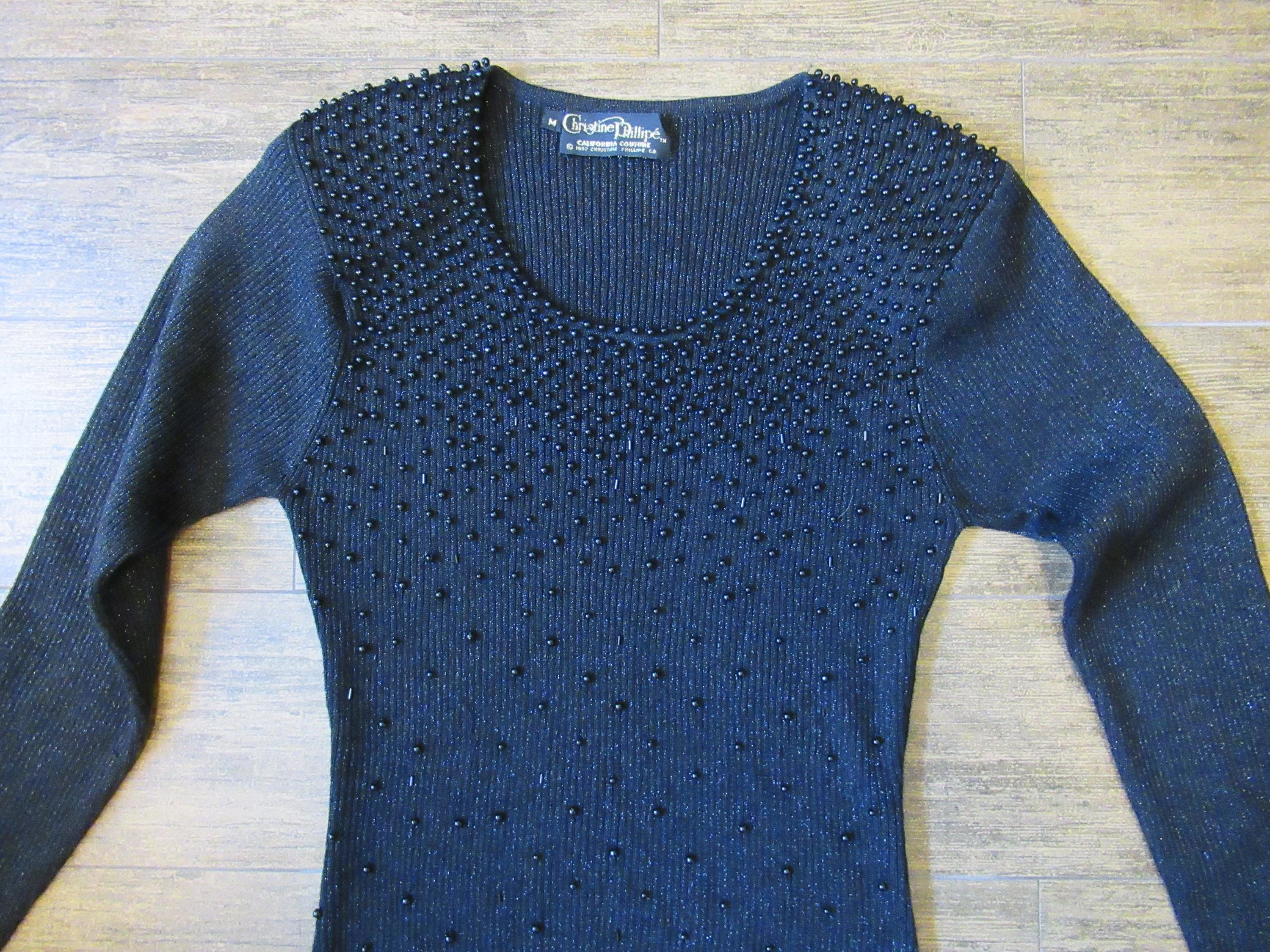 Pullover Seater Christine Phillipe California Couture 1997 Front Beads and Metallic Thread Long Sleeve Scoop Neck by Christine Phillipe California - Image 7