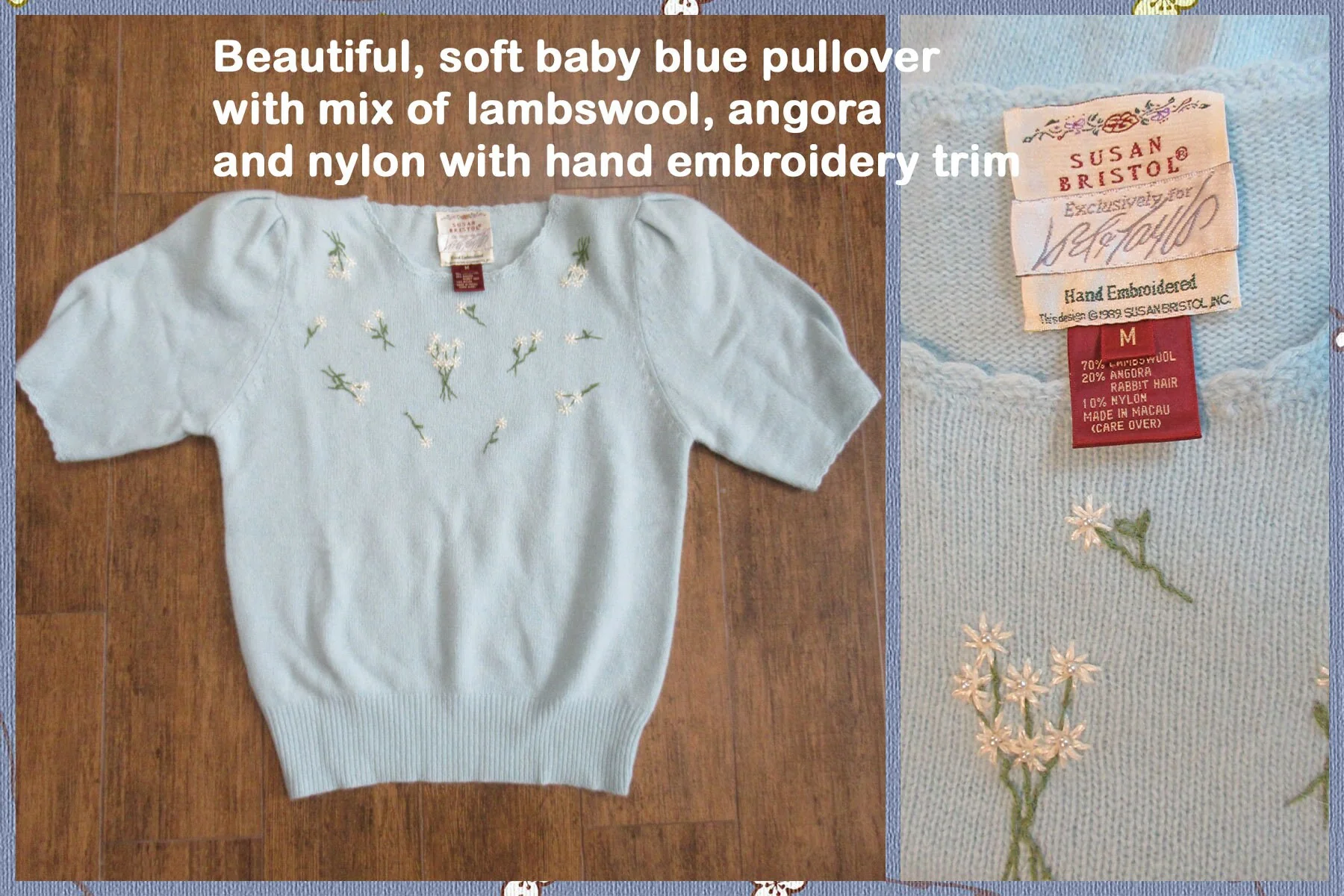 Pullover Sweater Lord and Taylor Hand Embroidered Lambswool Angora Nylon Baby Blue W White Daisies 1989 Label by Susan Bristol - Image 10