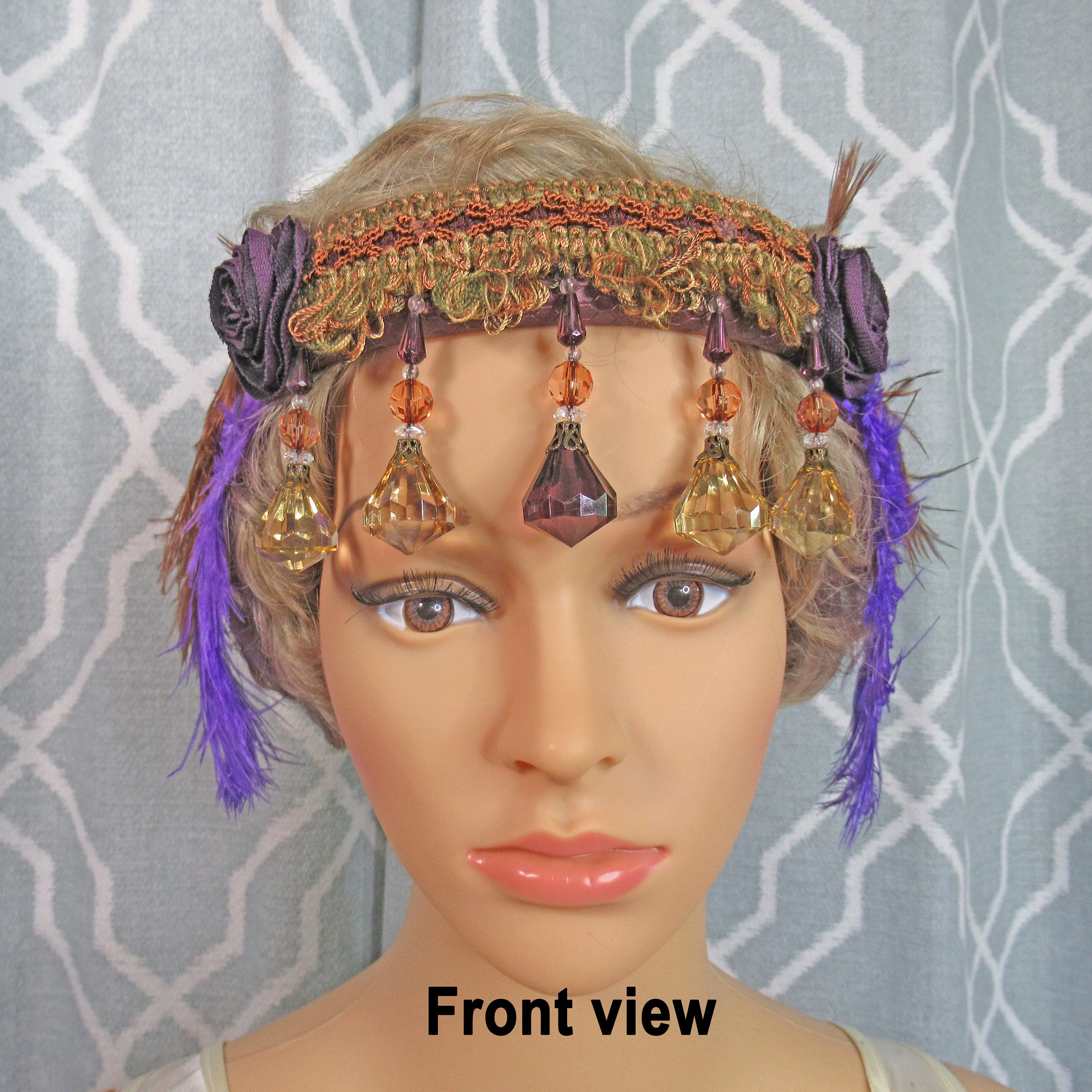 Purple and Bronze Headband Dangling Beaded Flapper Style with Fabric Floral and Feather Accents 20s Inspired Statement Bold Style - Image 2
