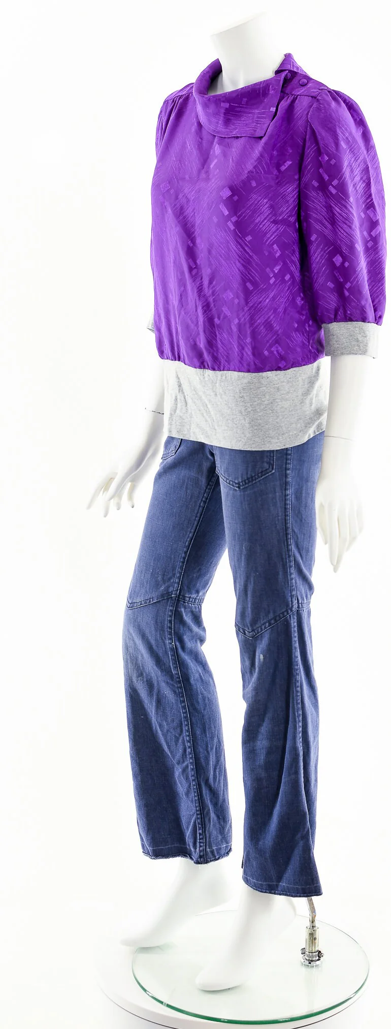 Purple and Silver Color Blocked Satin Blouse by Oysterfruit - Image 10