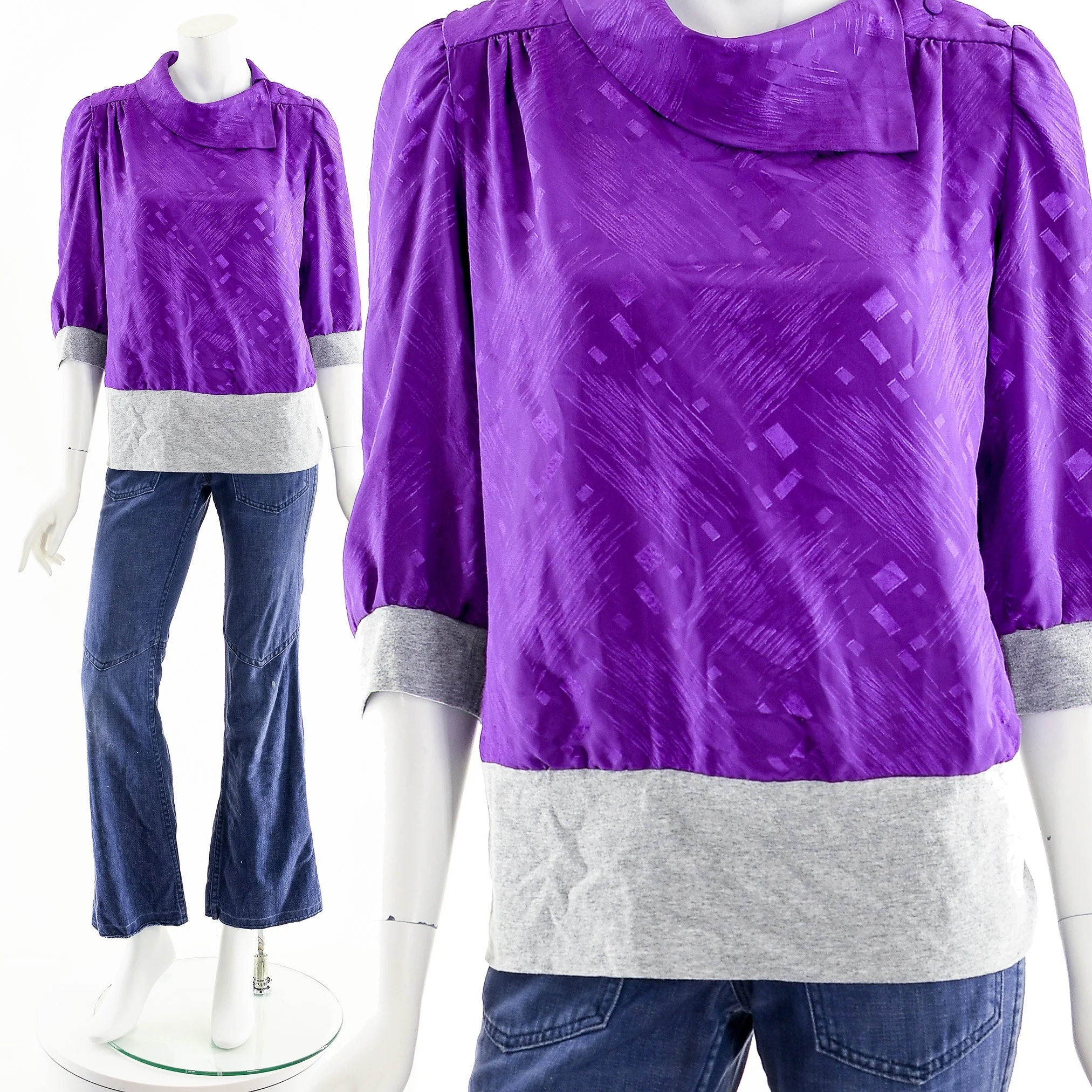 Purple and Silver Color Blocked Satin Blouse by Oysterfruit - Image 2