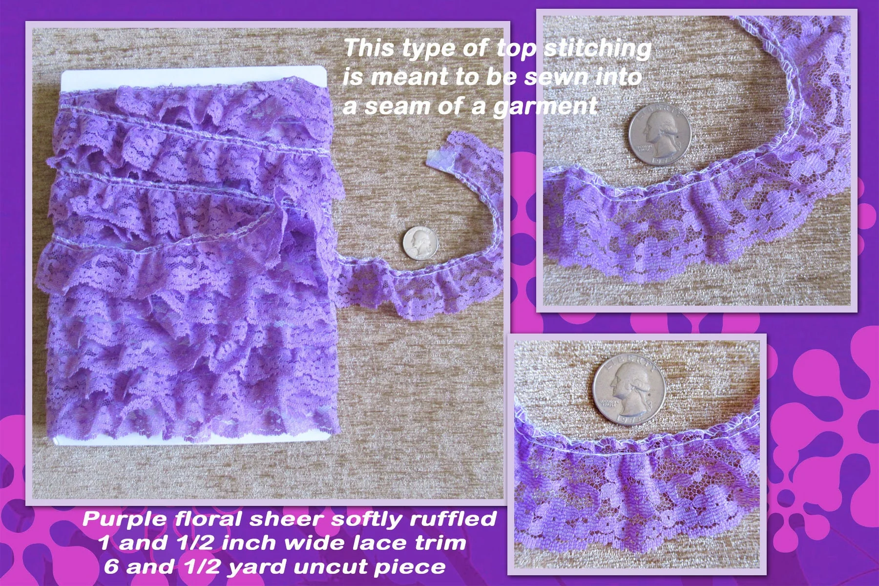 Purple Floral Sheer Softly Ruffled Wide Lace Trim 6 and 12 Yard Uncut Piece Scalloped Edge Pastel Pretty Trim Vintage - Image 2