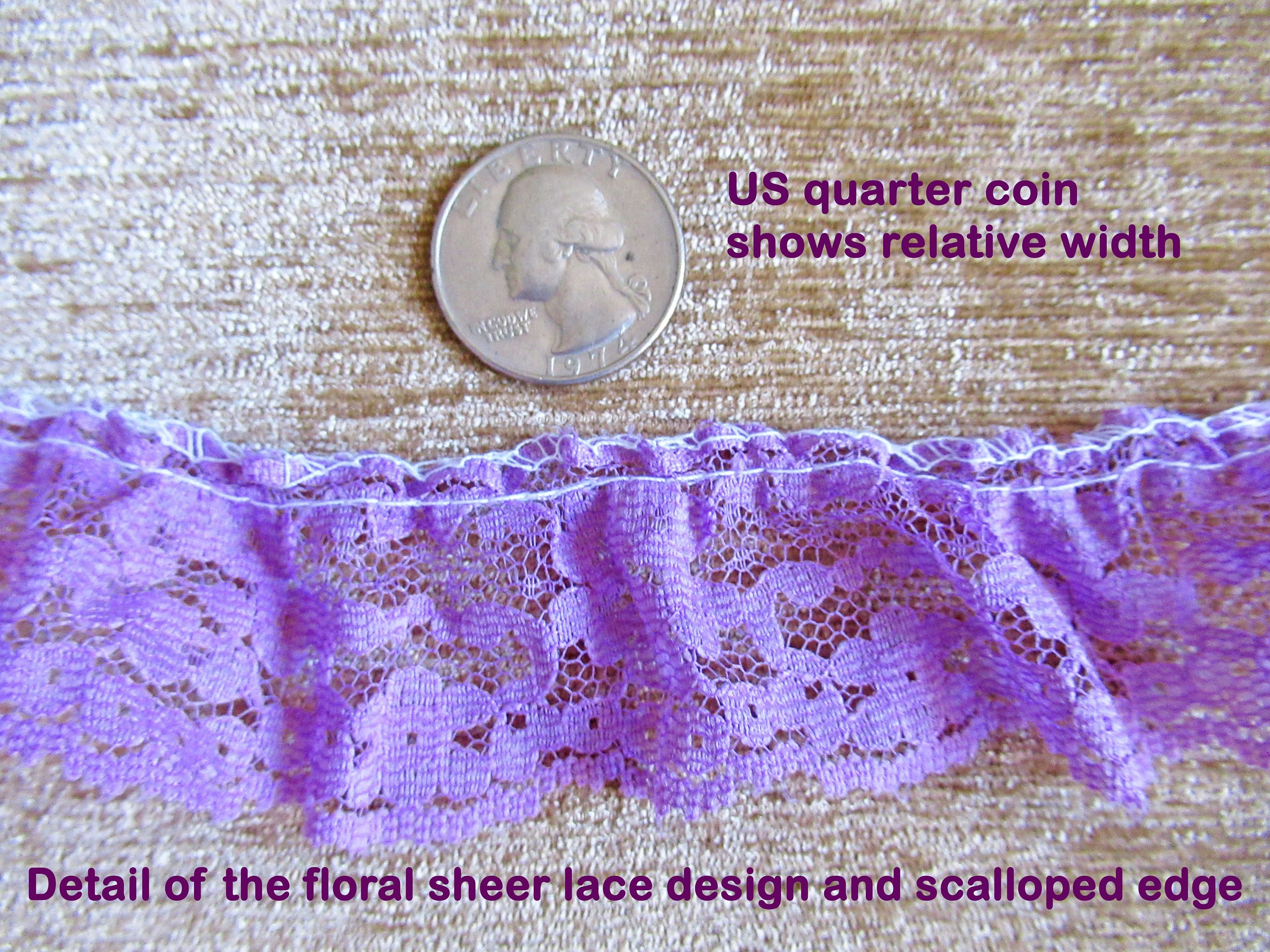 Purple Floral Sheer Softly Ruffled Wide Lace Trim 6 and 12 Yard Uncut Piece Scalloped Edge Pastel Pretty Trim Vintage - Image 3
