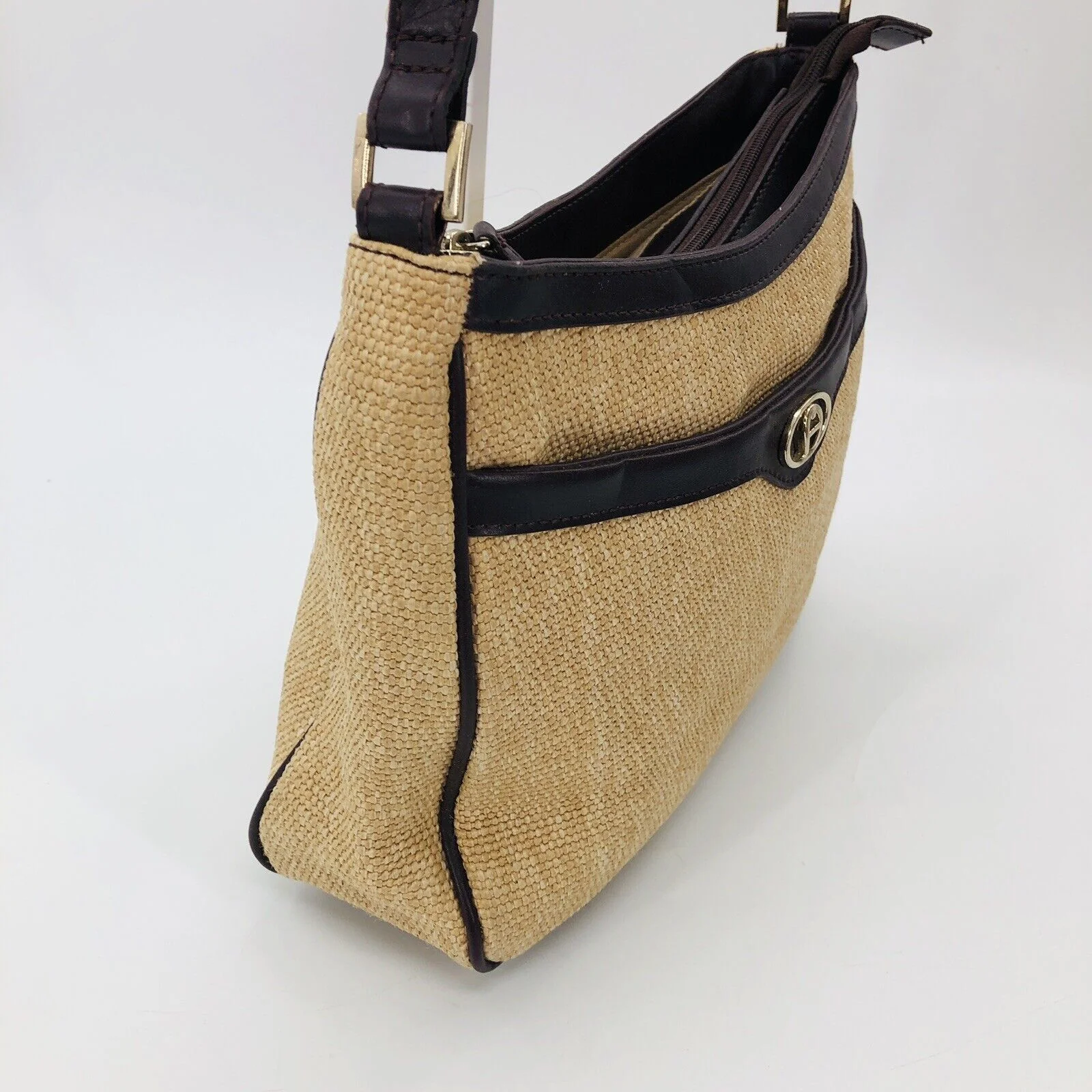 Purse Bag Pocketbook Vintage Brown Faux Leather and Woven Jute Euc by Etienne Aigner - Image 8