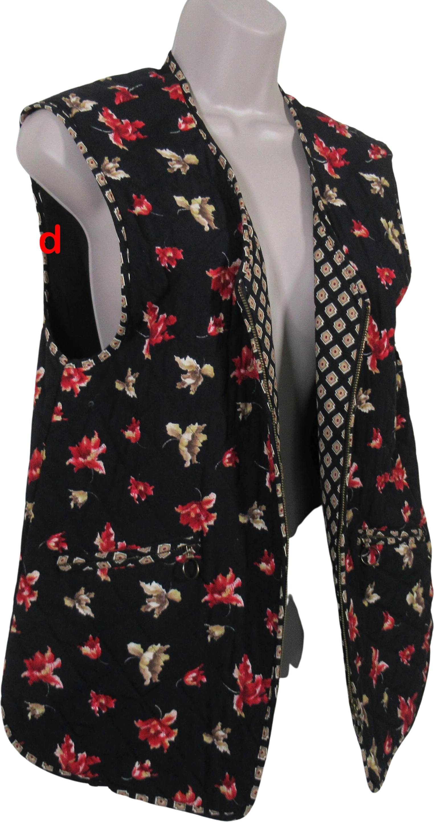 Quilted Vest Betty Barclay Autumn Leaves On Black Zip Front Zip Top Pockets Viscose W Acetate Lining European Vintage by Betty Barclay