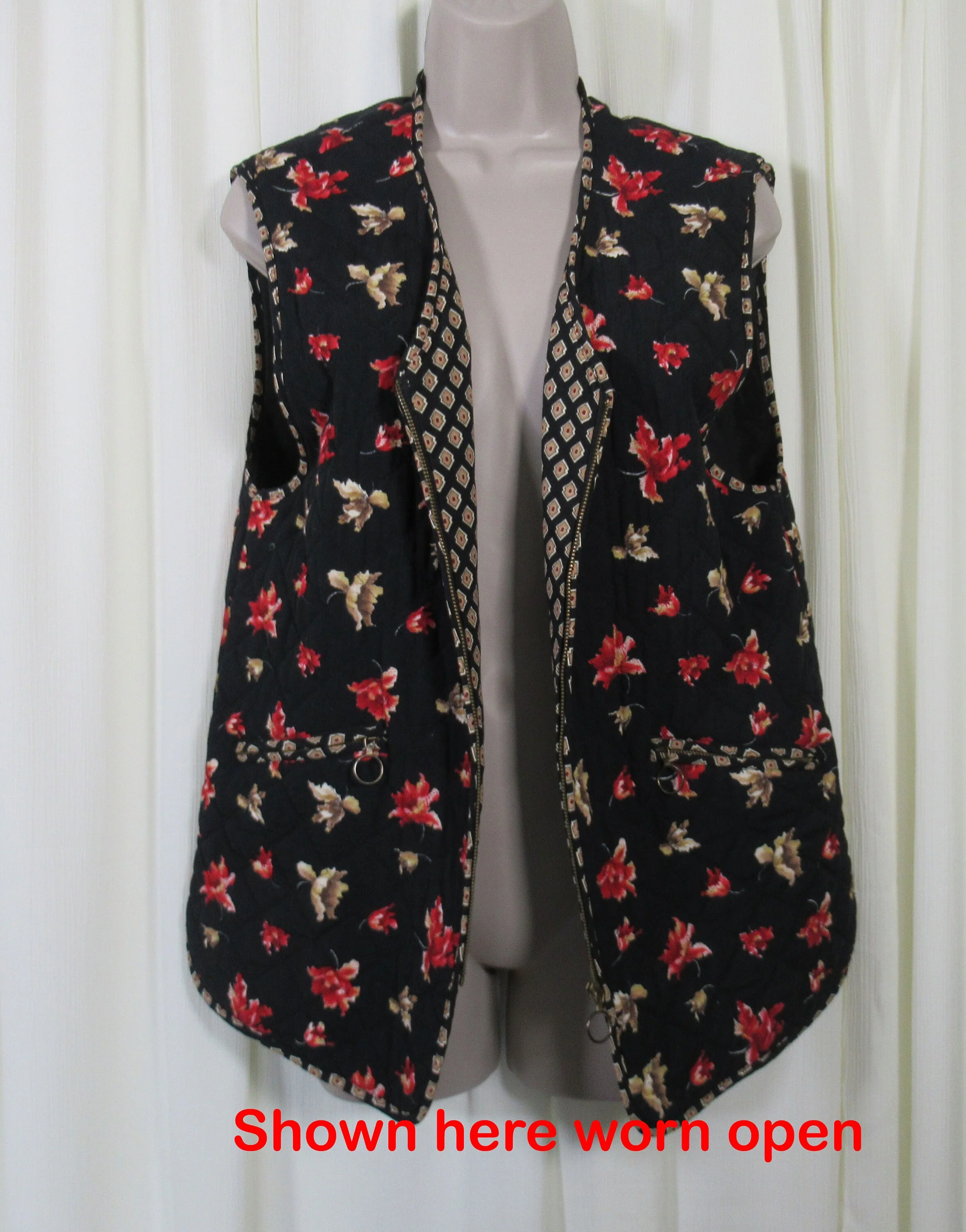 Quilted Vest Betty Barclay Autumn Leaves On Black Zip Front Zip Top Pockets Viscose W Acetate Lining European Vintage by Betty Barclay - Image 2