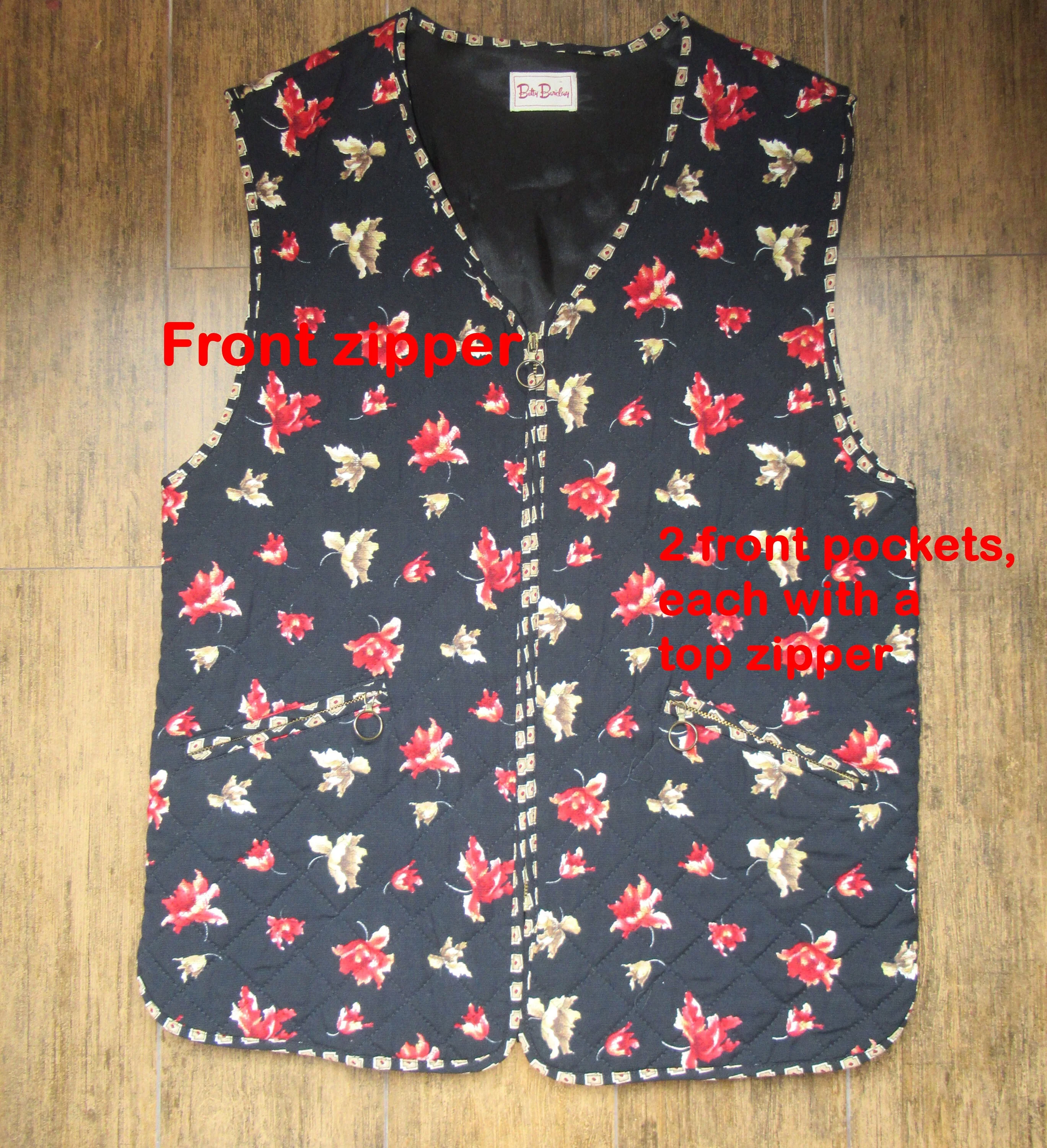 Quilted Vest Betty Barclay Autumn Leaves On Black Zip Front Zip Top Pockets Viscose W Acetate Lining European Vintage by Betty Barclay - Image 3