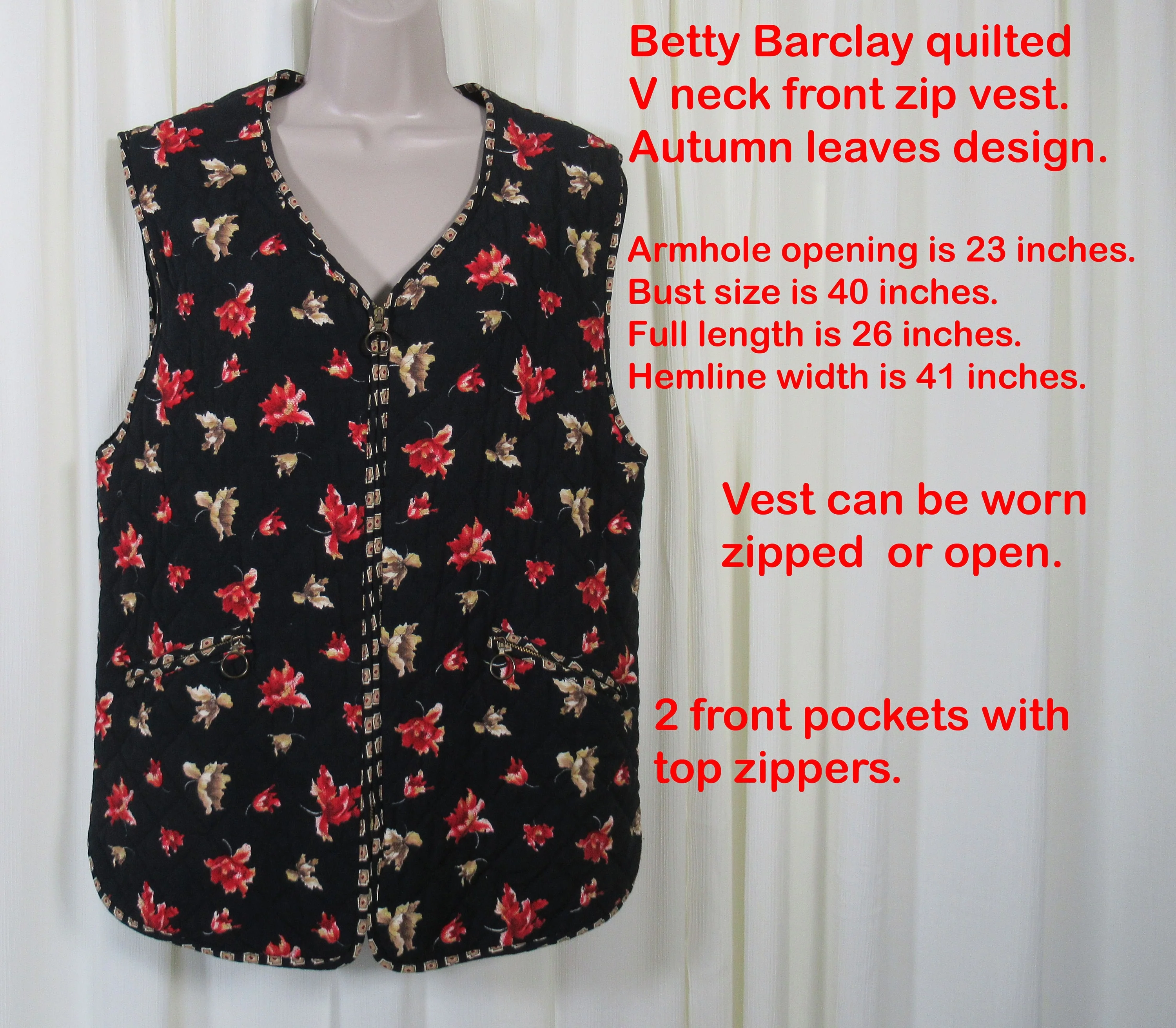 Quilted Vest Betty Barclay Autumn Leaves On Black Zip Front Zip Top Pockets Viscose W Acetate Lining European Vintage by Betty Barclay - Image 4