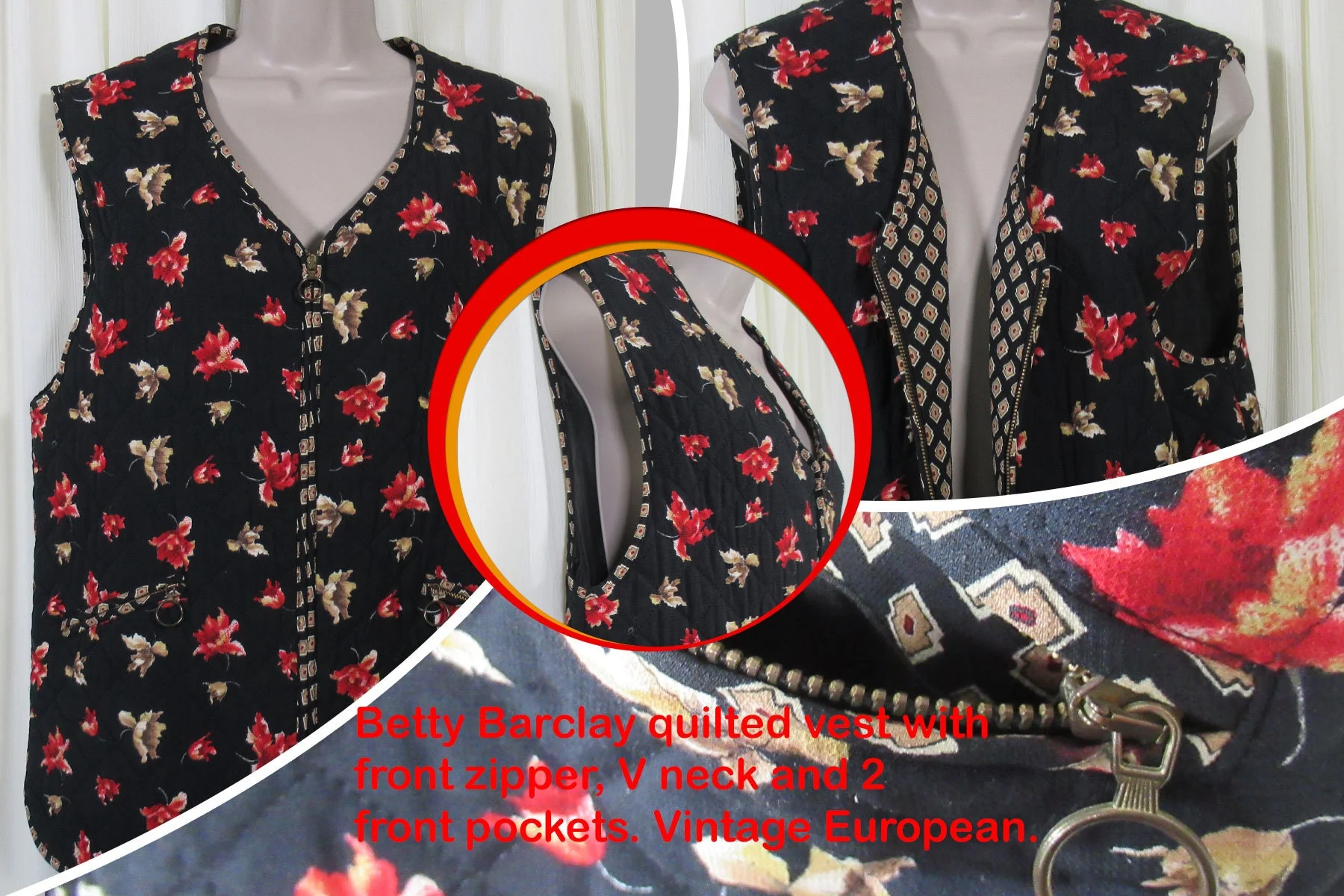 Quilted Vest Betty Barclay Autumn Leaves On Black Zip Front Zip Top Pockets Viscose W Acetate Lining European Vintage by Betty Barclay - Image 5