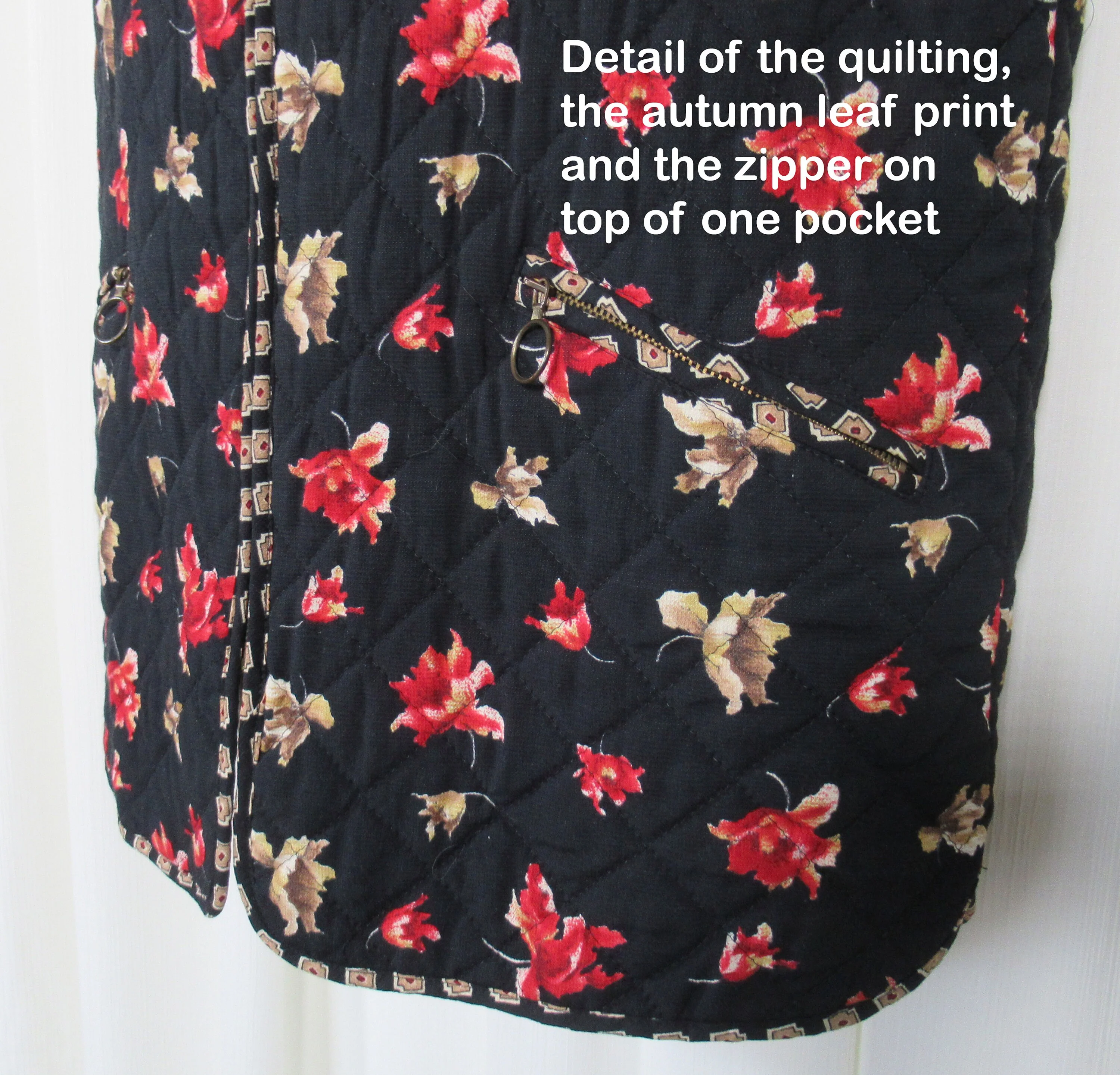 Quilted Vest Betty Barclay Autumn Leaves On Black Zip Front Zip Top Pockets Viscose W Acetate Lining European Vintage by Betty Barclay - Image 7