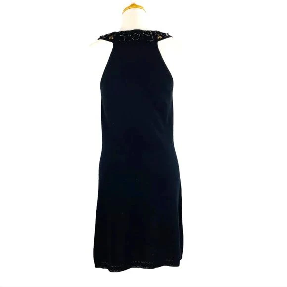 Racerback 100% Cashmere Knit Dress Hand Sewn Jewels Black M by Milly Of New York - Image 2