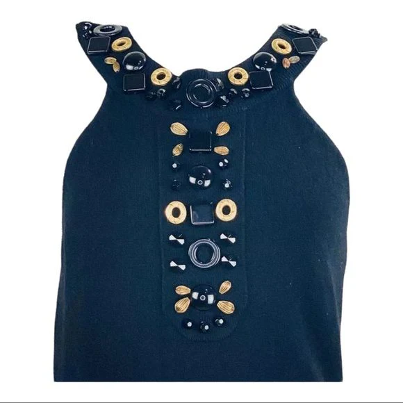 Racerback 100% Cashmere Knit Dress Hand Sewn Jewels Black M by Milly Of New York - Image 3