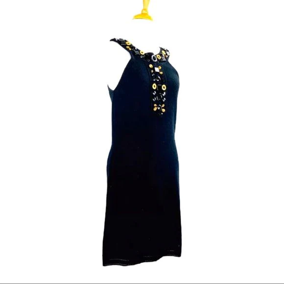 Racerback 100% Cashmere Knit Dress Hand Sewn Jewels Black M by Milly Of New York - Image 7