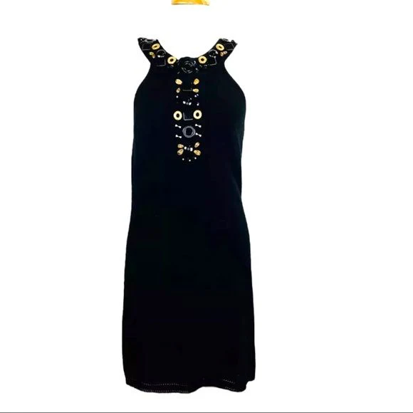 Racerback 100% Cashmere Knit Dress Hand Sewn Jewels Black M by Milly Of New York - Image 9