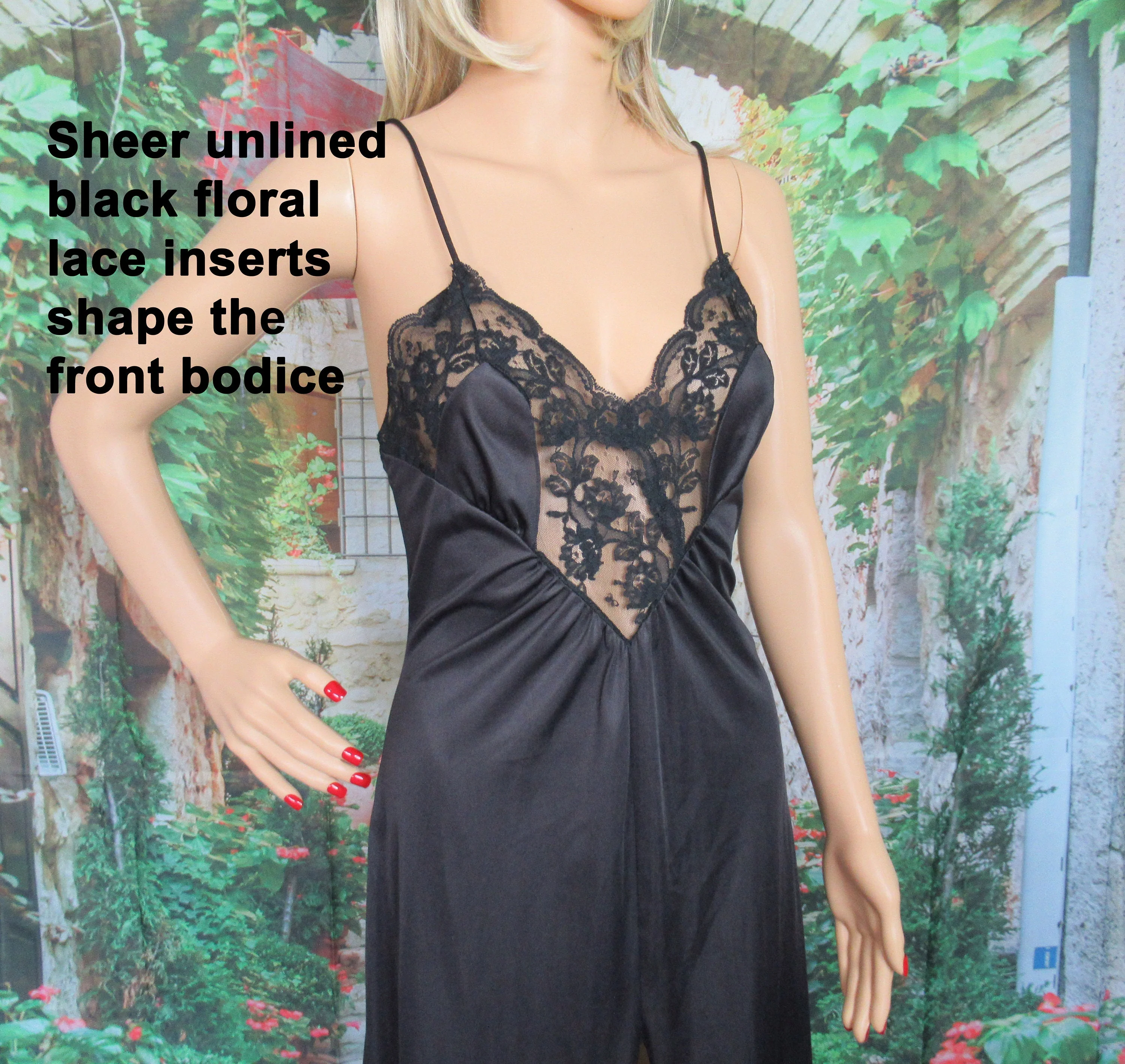 Ralph Montenero for Blanche Gown Black Nylon Low V Bodice Sheer Lace Insert Spaghetti Strap Full Length Center Slit by Ralph Montenero - Image 7