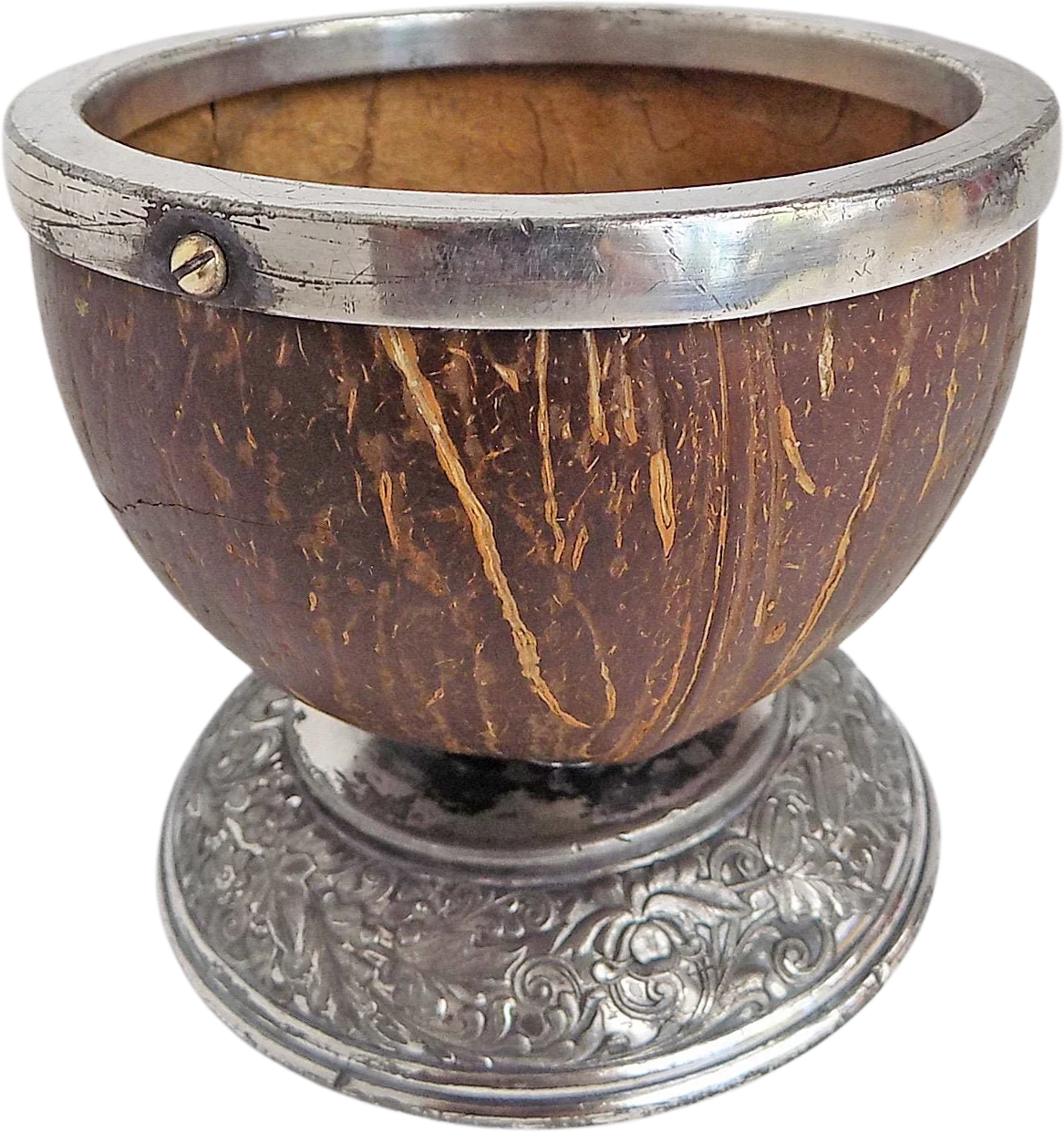 Rare 1400s Edwardian Coconut Drinking Cup In Ornamental Gilded Silver Base with Silver Plated Rim Hanap Standing Cup