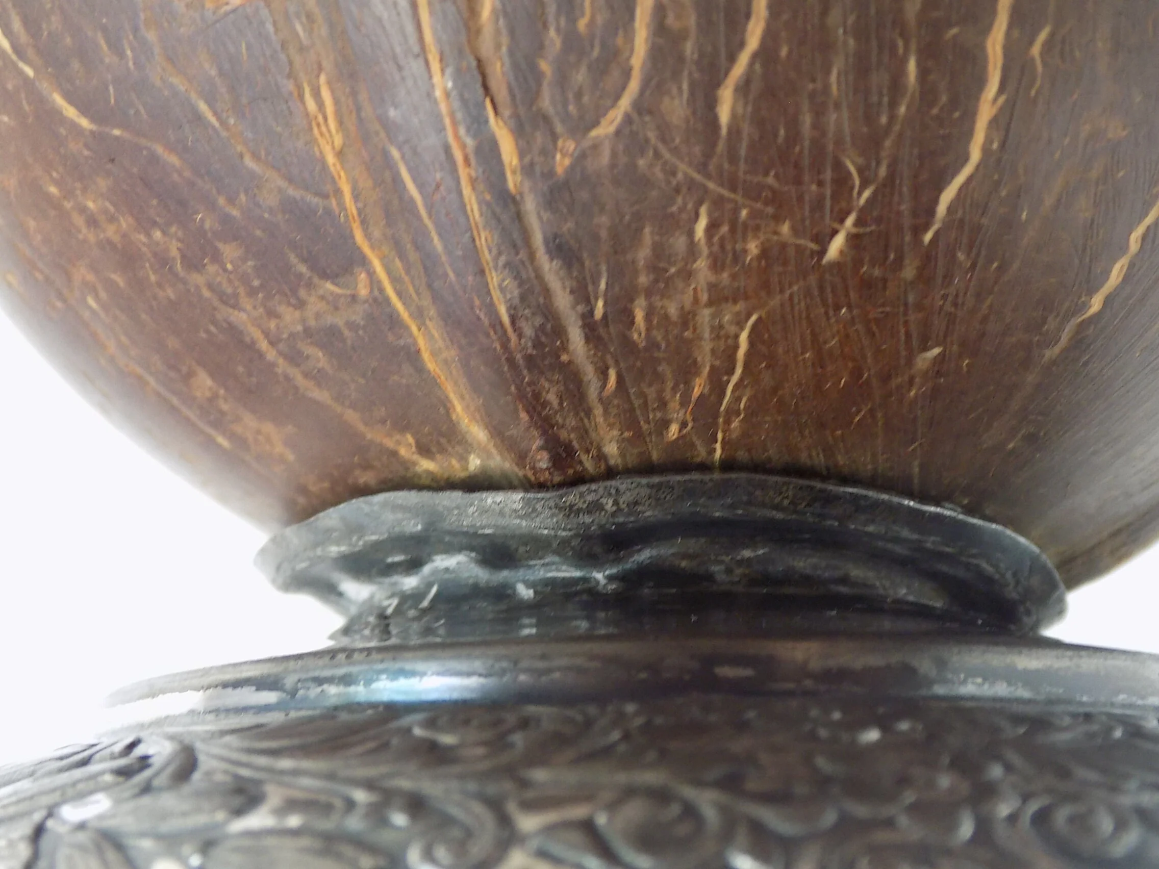 Rare 1400s Edwardian Coconut Drinking Cup In Ornamental Gilded Silver Base with Silver Plated Rim Hanap Standing Cup - Image 6