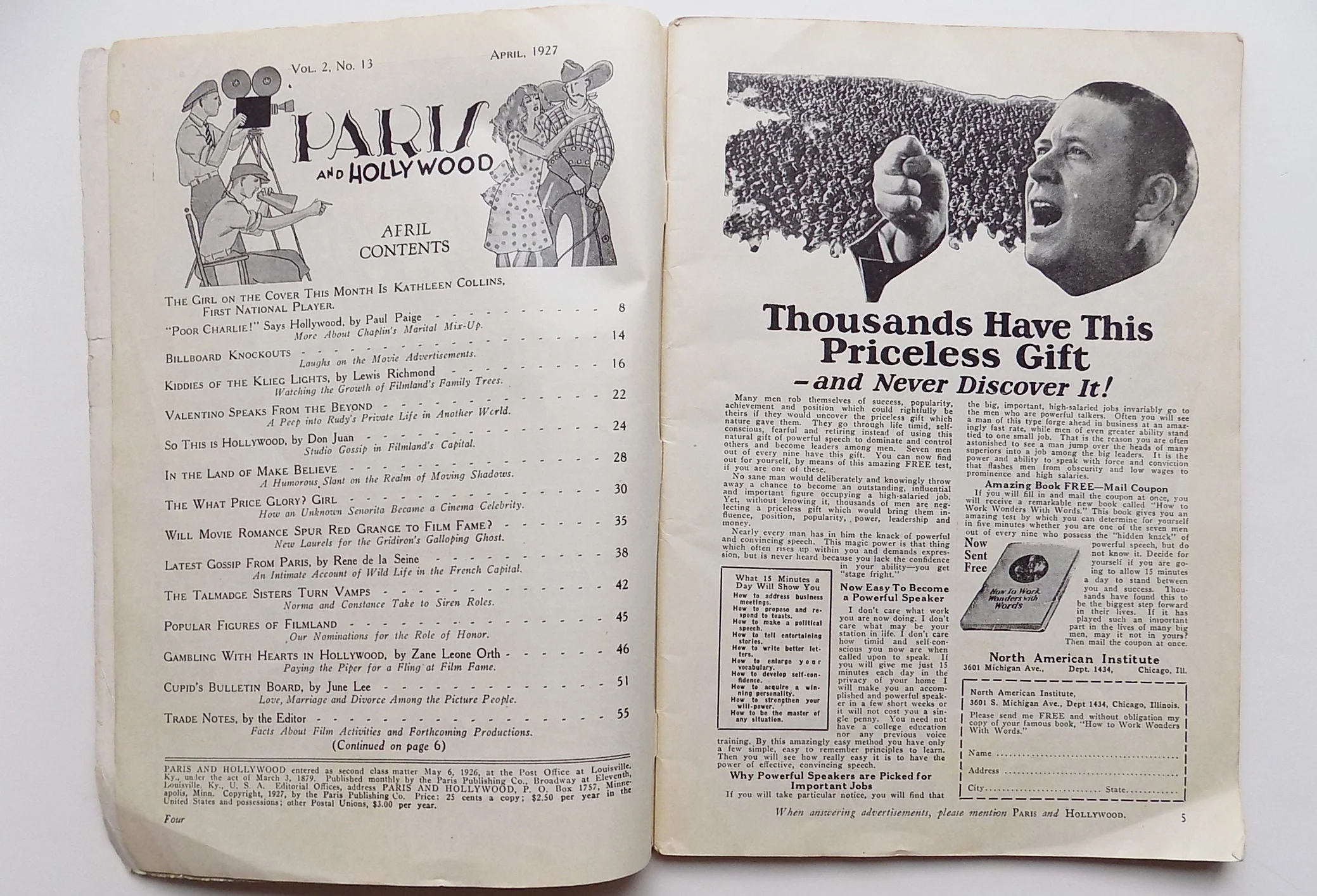 Rare 1927 April Issue of Paris and Hollywood Magazine 98 Pages 17 Full Page Pin Ups Charlie Chaplin Silent Films - Image 2