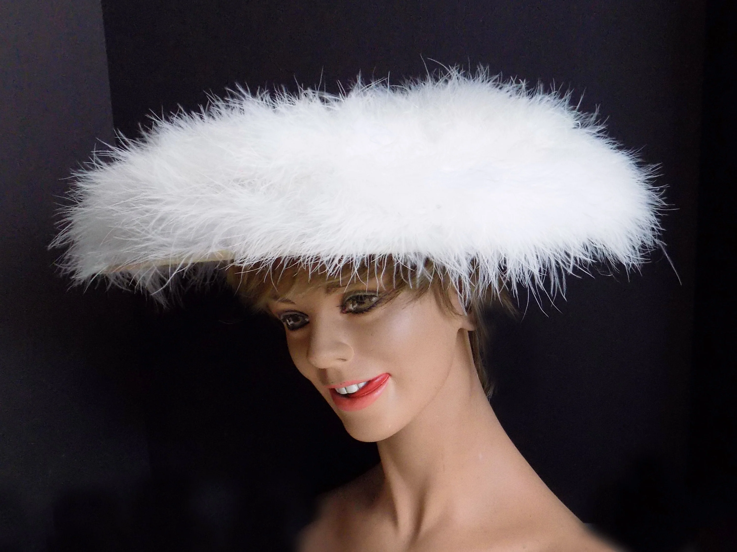Rare 50s Wide Picture Hat Covered In White Malibu Feathers Designed by Lora Partially Restored Feathers Glamour Runway by Lora - Image 2