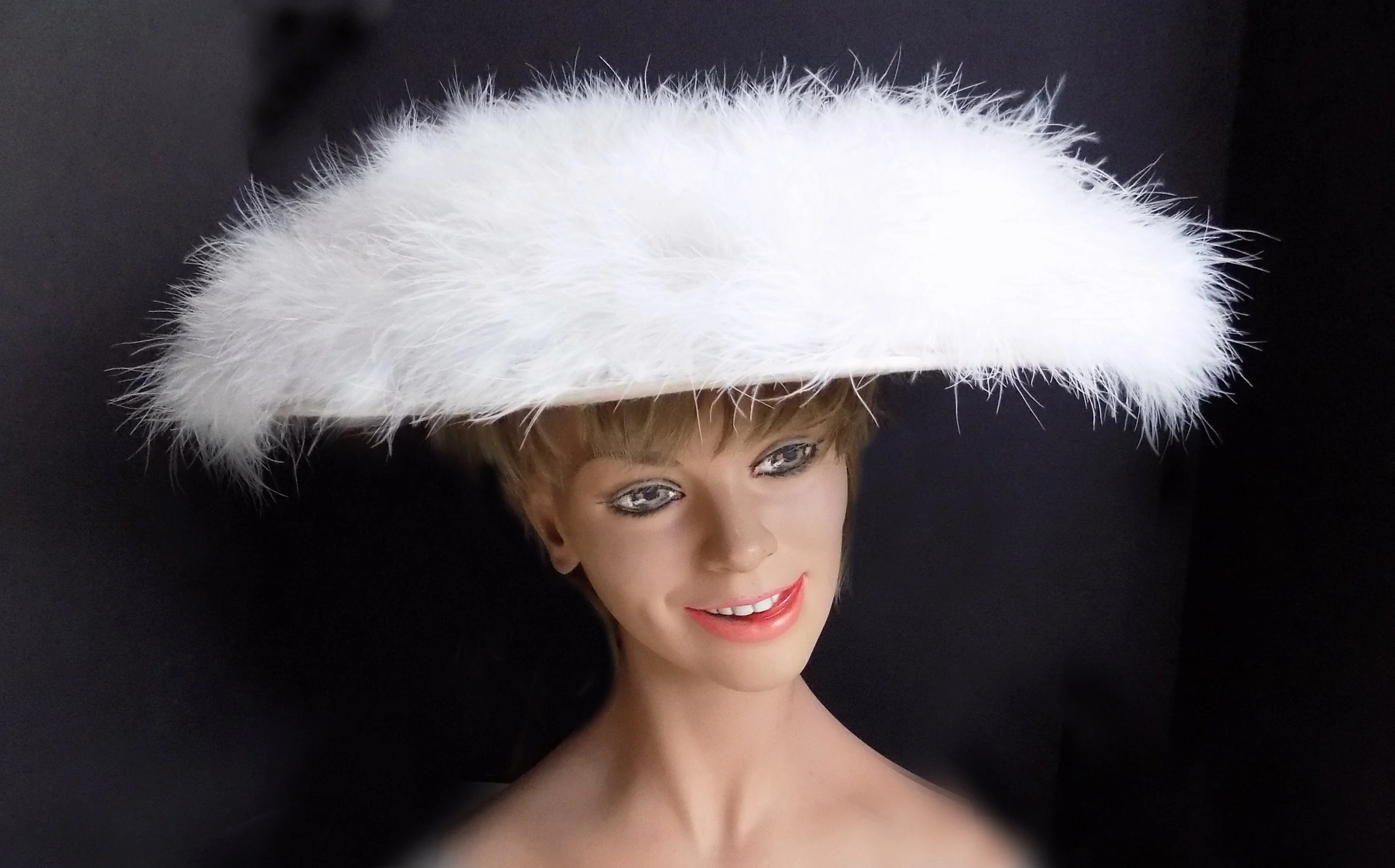Rare 50s Wide Picture Hat Covered In White Malibu Feathers Designed by Lora Partially Restored Feathers Glamour Runway by Lora - Image 3