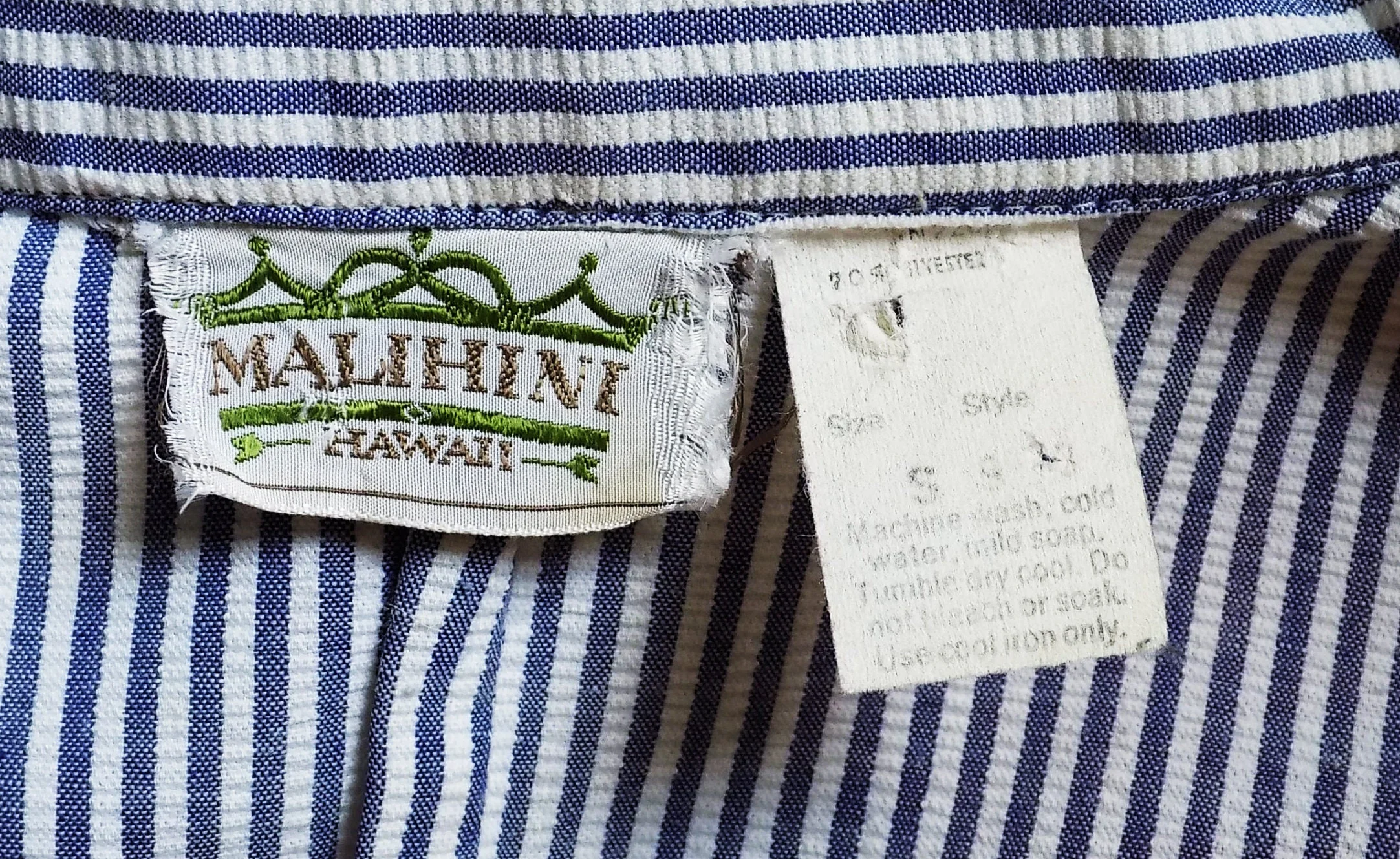 Rare 70s Malihini Tropical Shirt In Blue and White Striped Seersucker with Back Center Vent Red Pocket Detail - Image 3