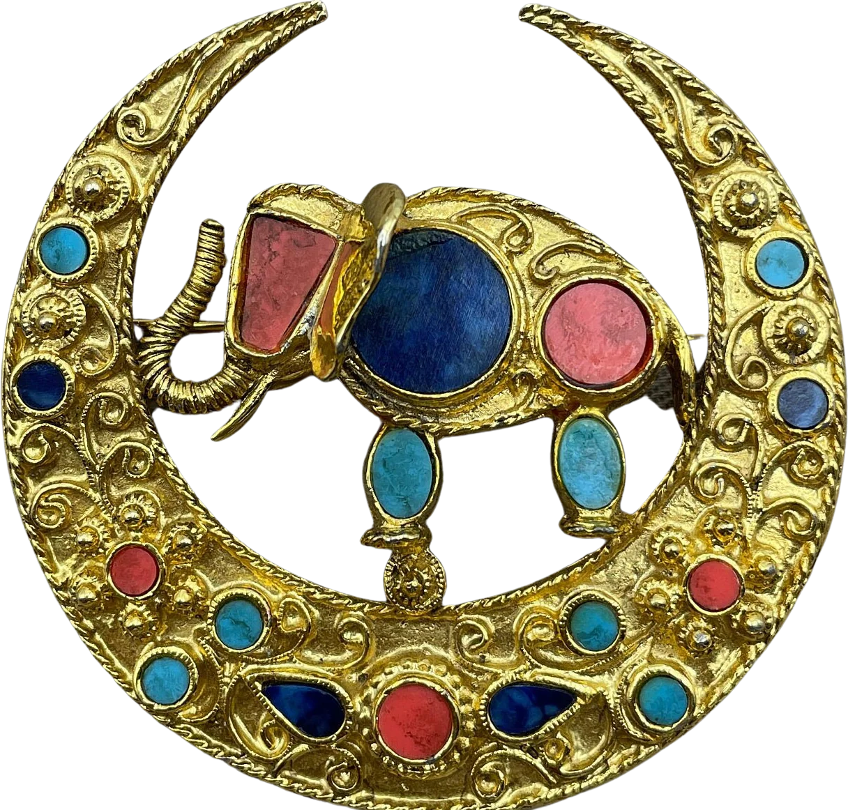 Rare Jewels of India Elephant Crescent Moon Brooch Pin Vintage Signed Art Moghul Jewelry by Art