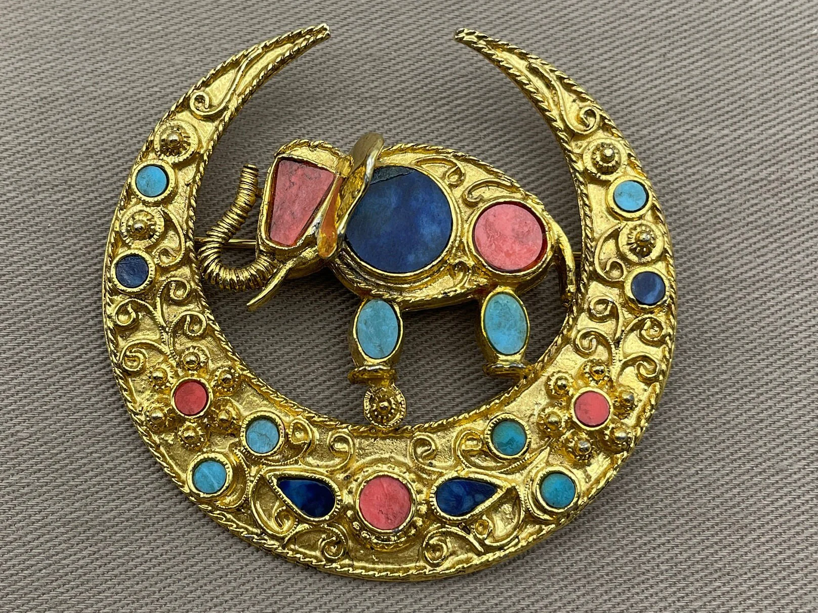 Rare Jewels of India Elephant Crescent Moon Brooch Pin Vintage Signed Art Moghul Jewelry by Art - Image 2
