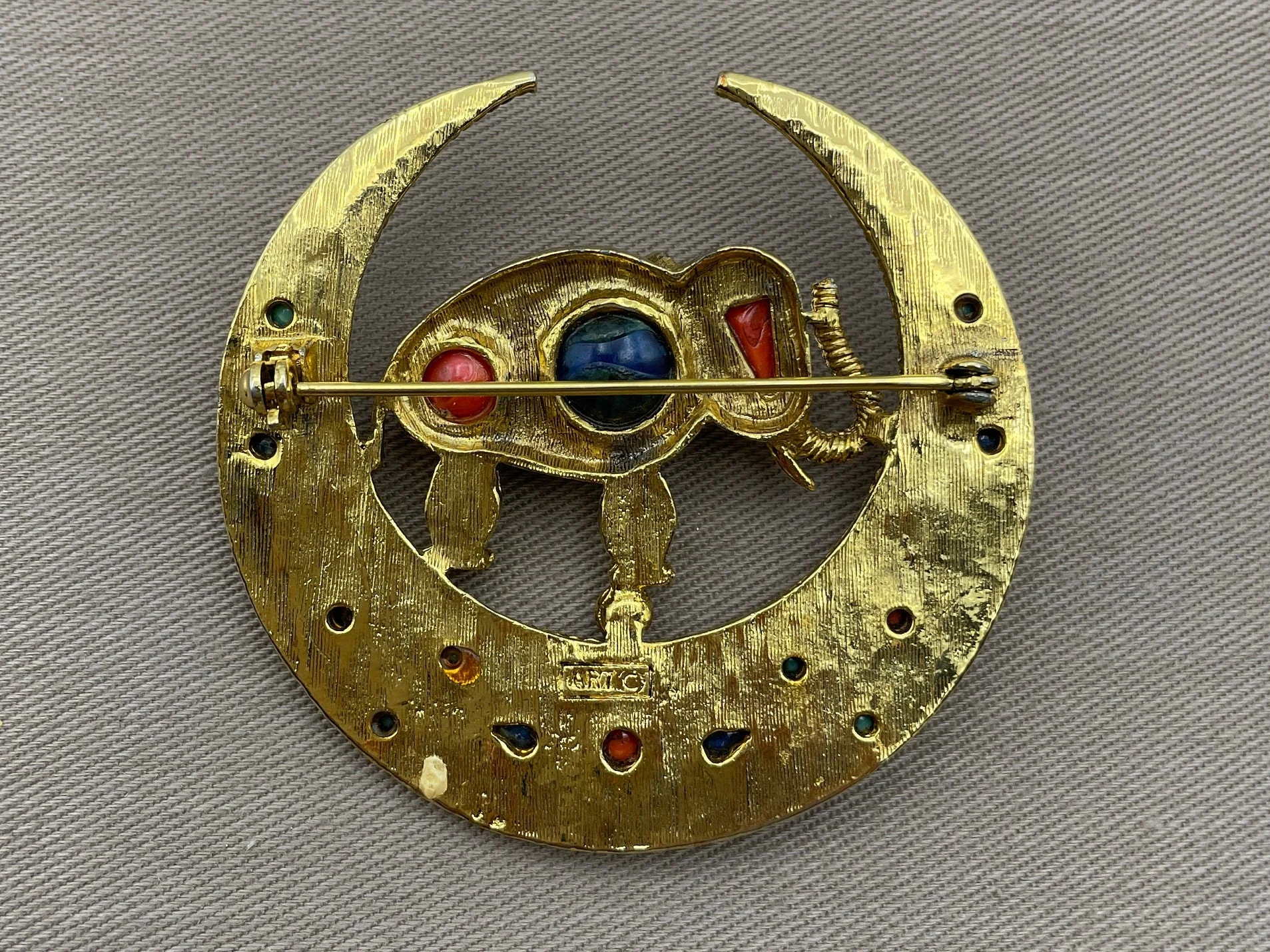 Rare Jewels of India Elephant Crescent Moon Brooch Pin Vintage Signed Art Moghul Jewelry by Art - Image 6