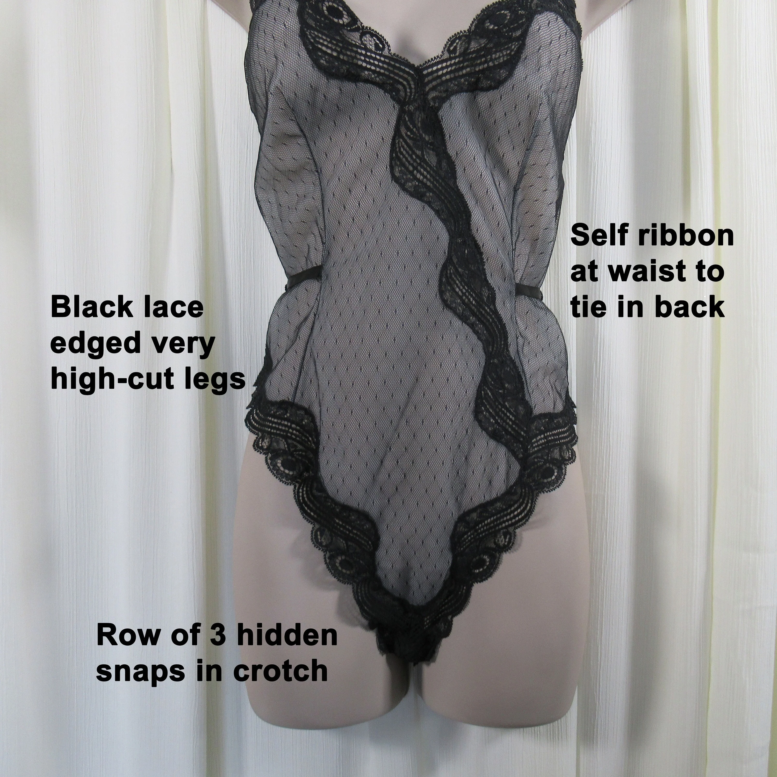 Rare Size 32 Olga Teddy Style Number 11020, Very Sheer, Black, Beige Lining, High Cut Leg, Lace Trim, Sexy Hard To Find Style, Made In Usa - Image 2
