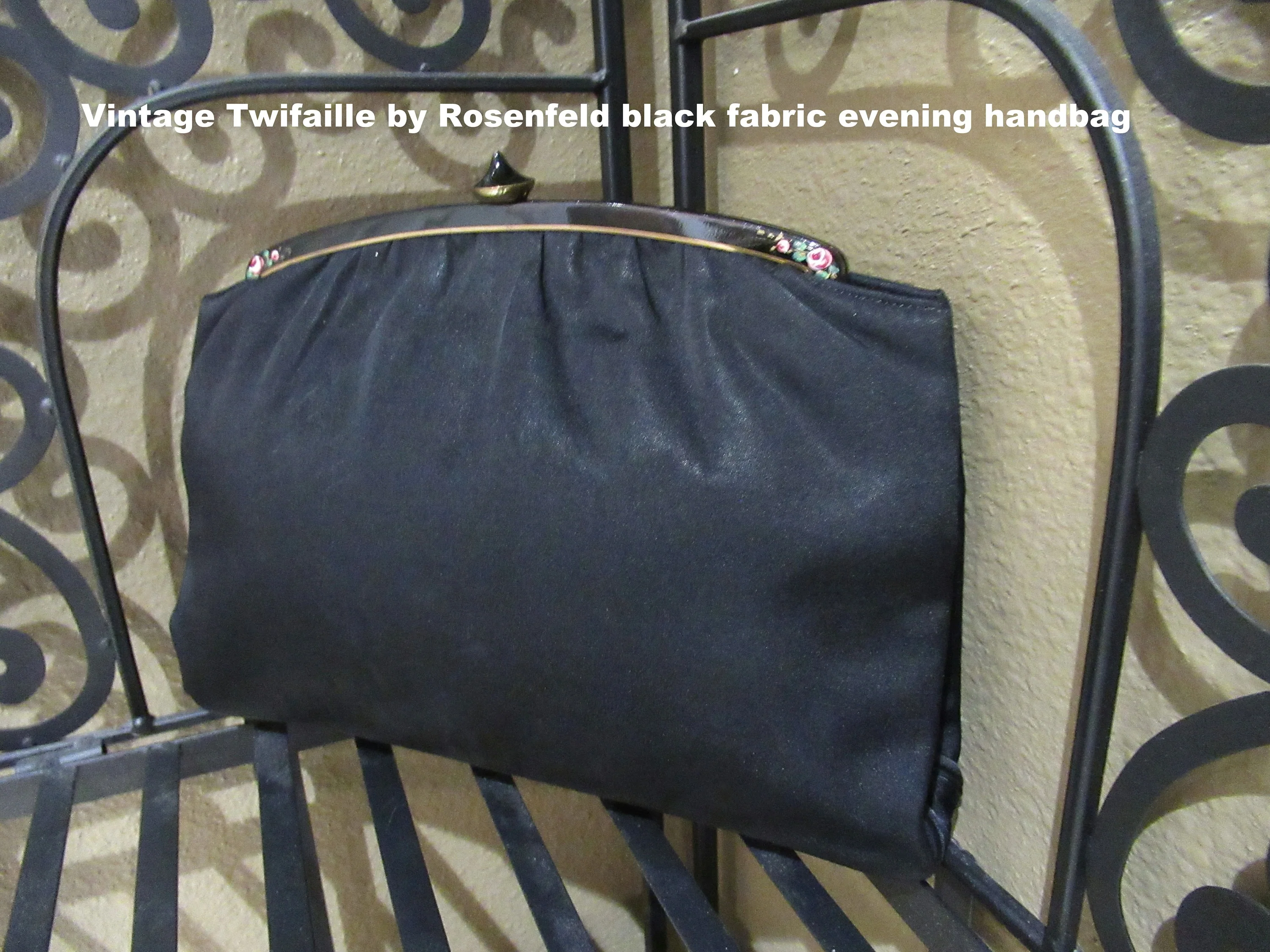 Rare Twifaille by Rosenfeld Handbag Black Fabric Dressy Fully Lined Top Clasp 2 Interior Side Pockets Early 40s a Fabulous Vintage Find by Rosenfeld Of New York - Image 3