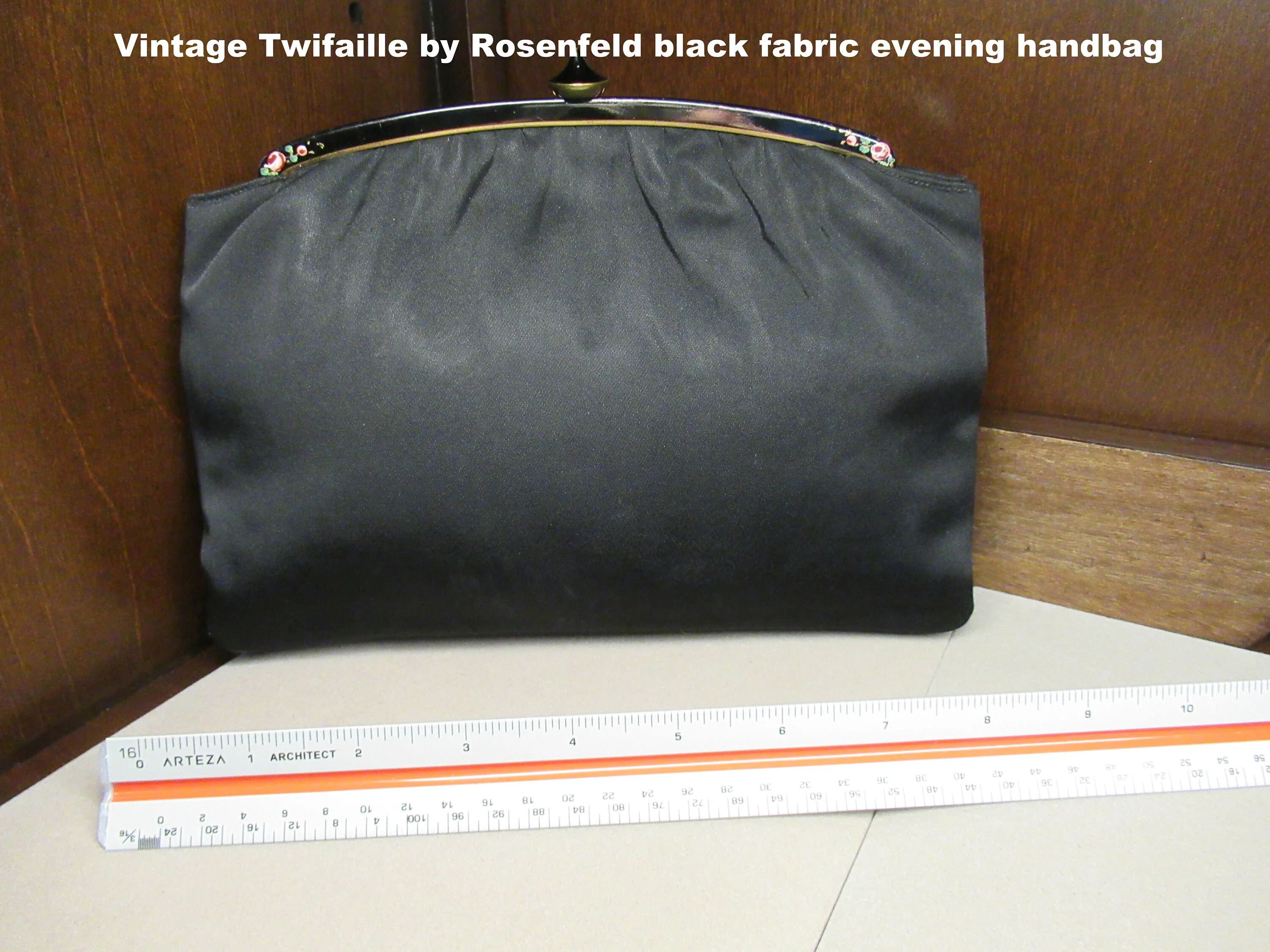 Rare Twifaille by Rosenfeld Handbag Black Fabric Dressy Fully Lined Top Clasp 2 Interior Side Pockets Early 40s a Fabulous Vintage Find by Rosenfeld Of New York - Image 4
