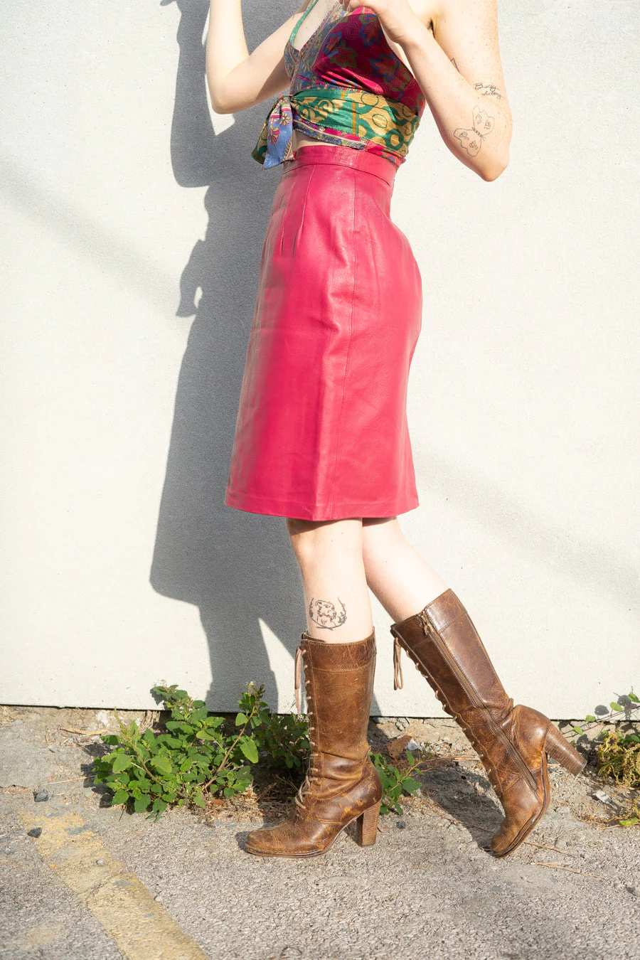 Raspberry Leather Skirt - Image 11