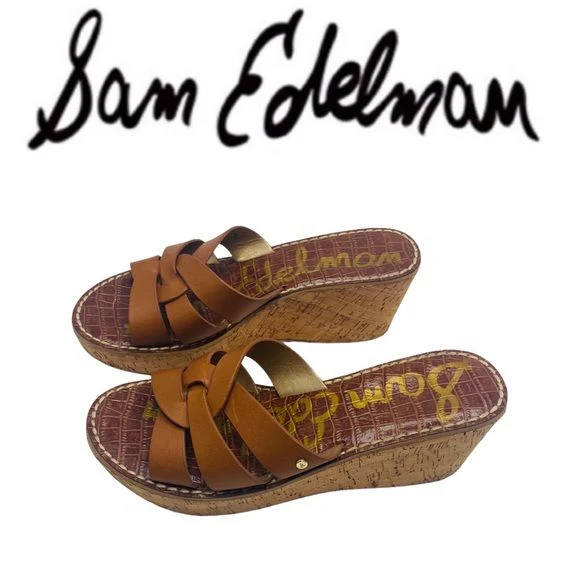 Raynere Saddle Lea Tan Leather Chunky Cork Wedges Size 37. 5 /7. 5 by Sam Edelman - Image 2