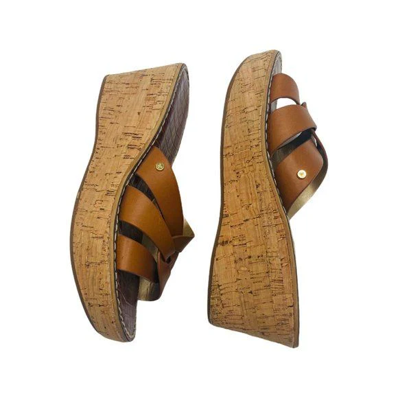 Raynere Saddle Lea Tan Leather Chunky Cork Wedges Size 37. 5 /7. 5 by Sam Edelman - Image 5