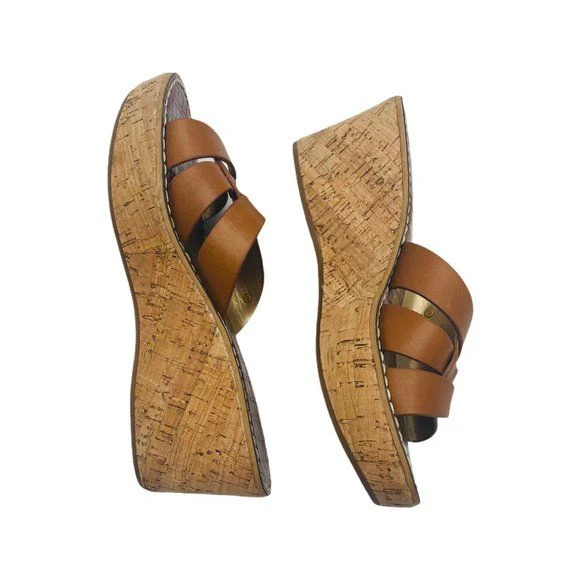 Raynere Saddle Lea Tan Leather Chunky Cork Wedges Size 37. 5 /7. 5 by Sam Edelman - Image 6