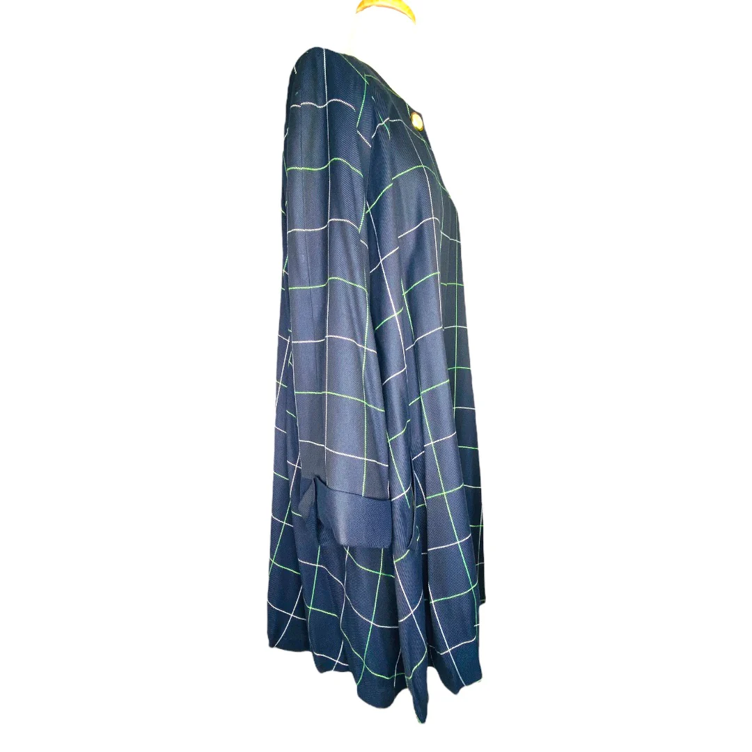 Reclaimed Swing Drape Coat Mid-Length Vintage Navy Window Pane Plaid 14w by Rafael - Image 5