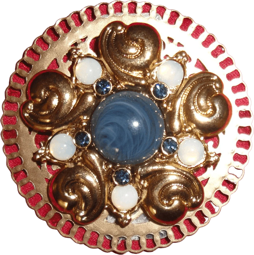 Recycled Brooch New Magnetic Clasp On 2 Inch Gold Tone Round Metal Classic Design Remade for Easy Wear White and Navy Blue Bonus Scarf